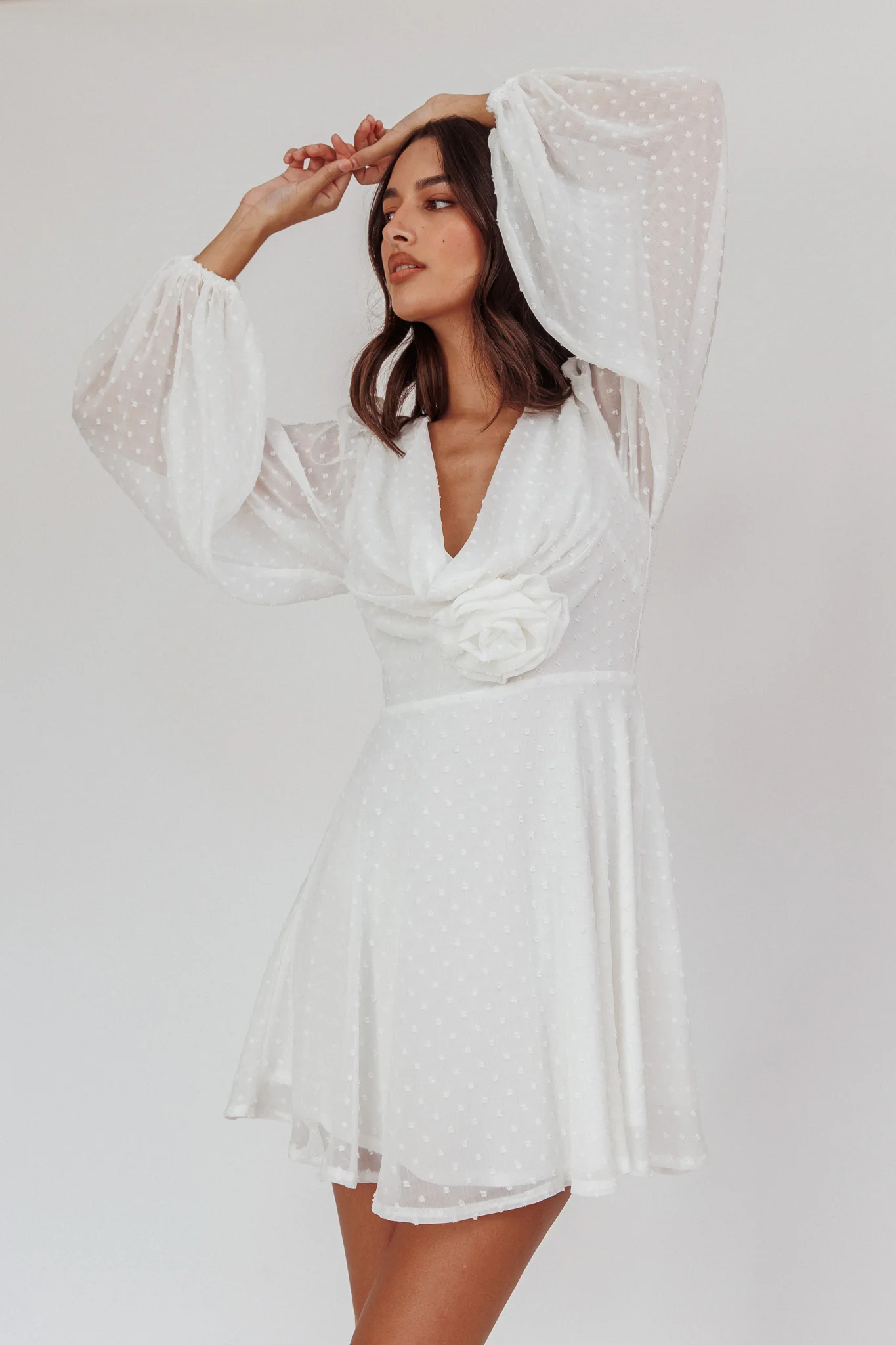 Open Heart Long Sleeve Rosette Mini Dress White - Seraphlike