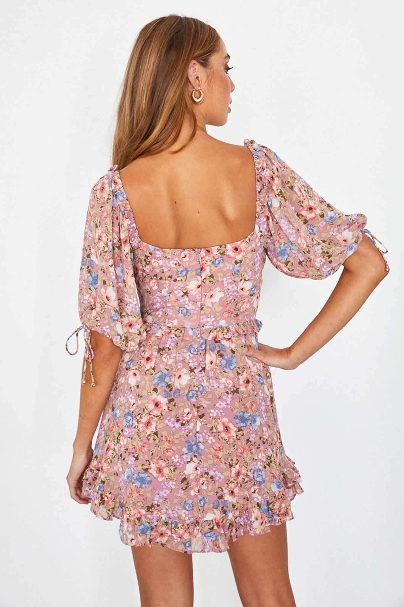 Kirra Puff Sleeve Ruched Bodice Dress Floral Pink - Seraphlike