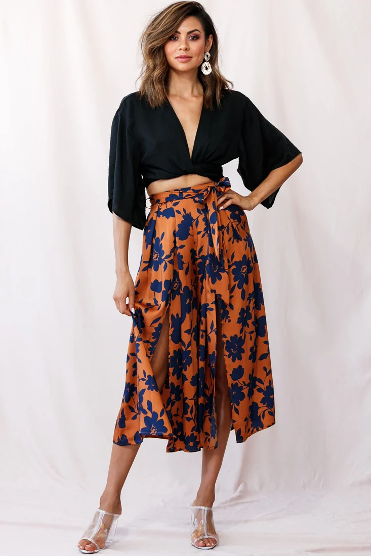Danika Front Split Midi Culotte Pants Copper/Navy - Seraphlike