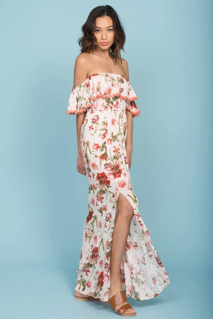 Tuscany Off The Shoulder Maxi Dress White & Red - Seraphlike