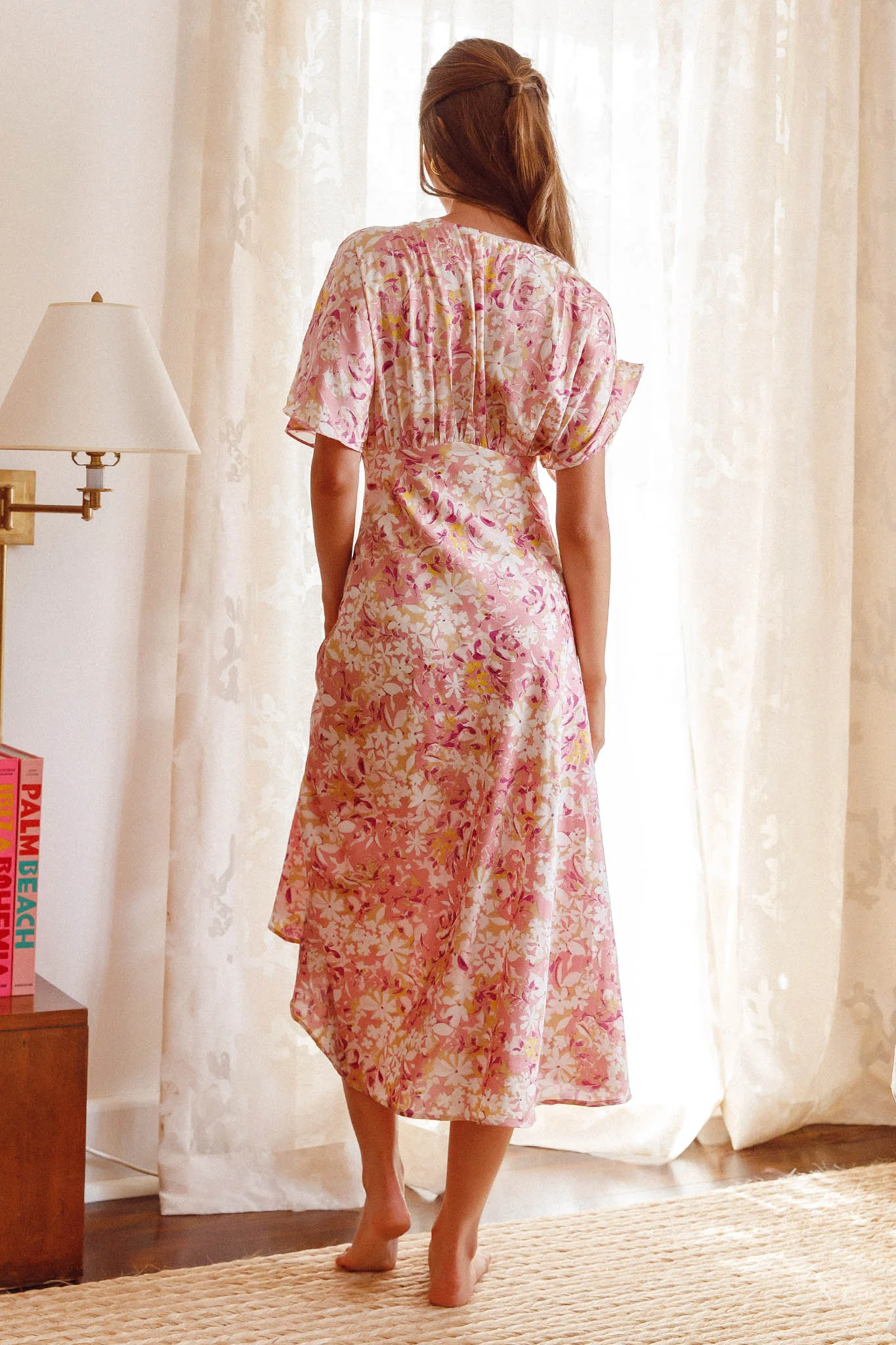 Graceful Batwing Sleeve Midi Dress Floral Pink - Seraphlike