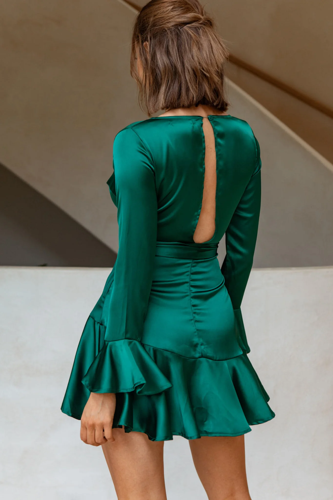 Khandi Long Sleeve Ruffle Wrap Dress Jade - Seraphlike