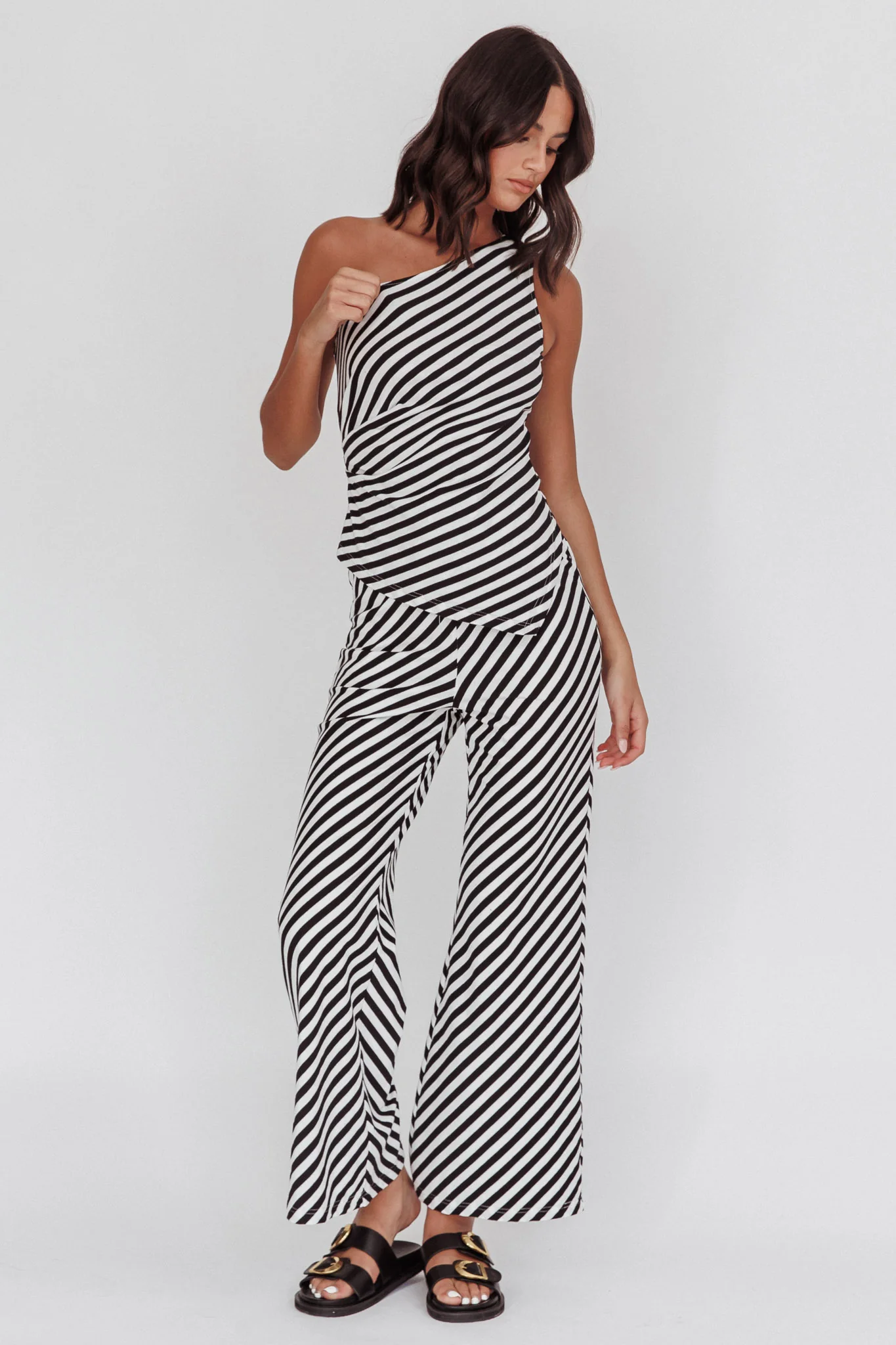 Golden Beach Wide Leg Pants Stripe Black - Seraphlike