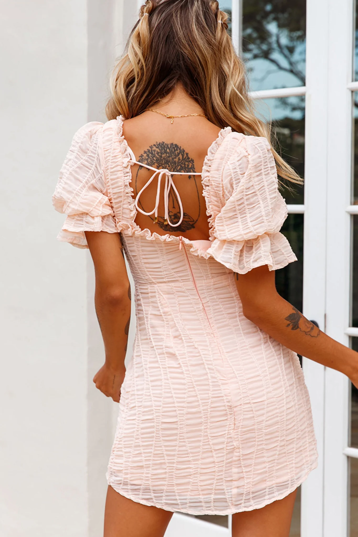 Ashlyn Puff Sleeve Sweetheart Neckline Dress Pink - Seraphlike