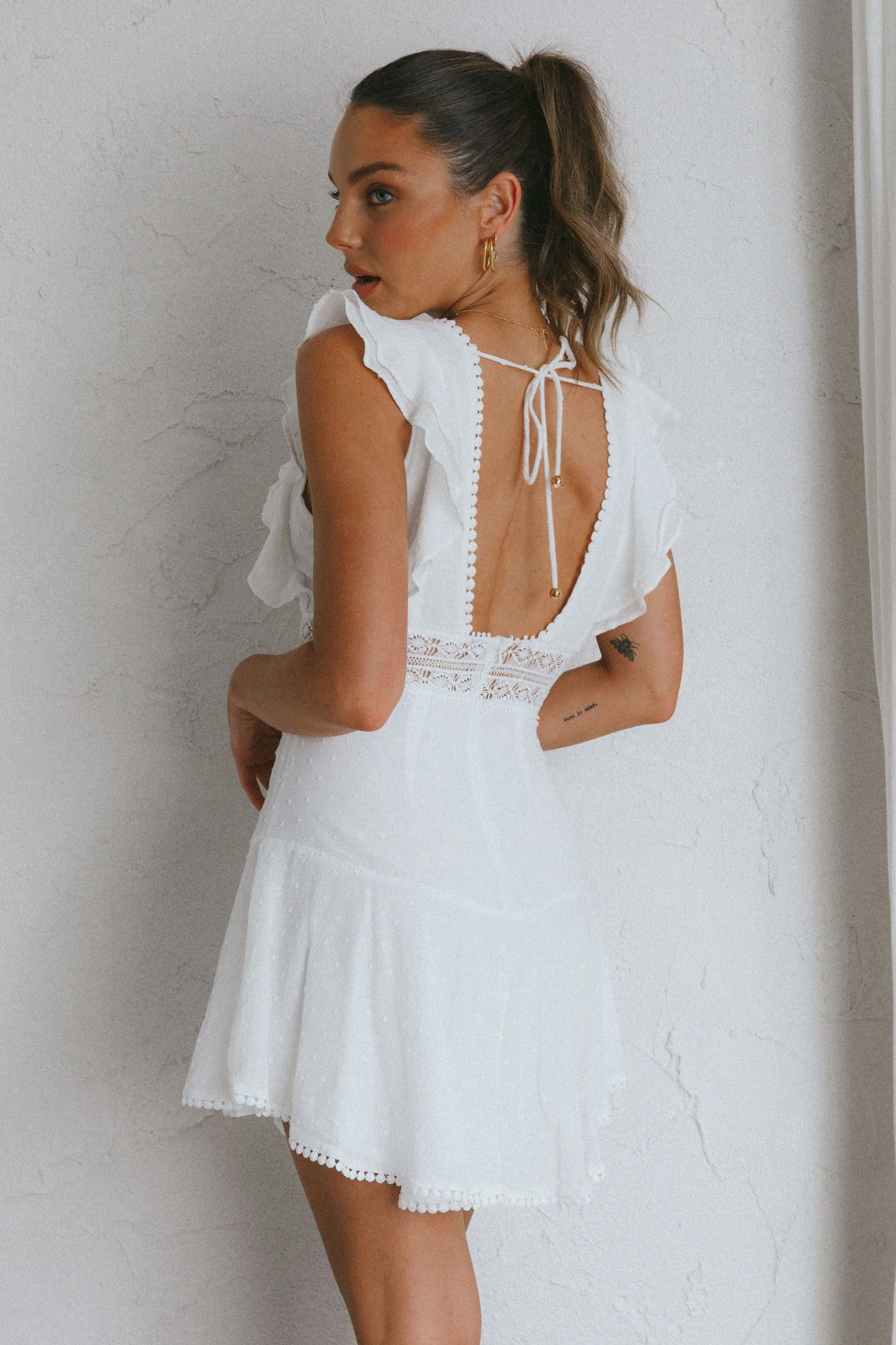 Idyllwild Ruffle Shoulder Mini Dress Off White - Seraphlike
