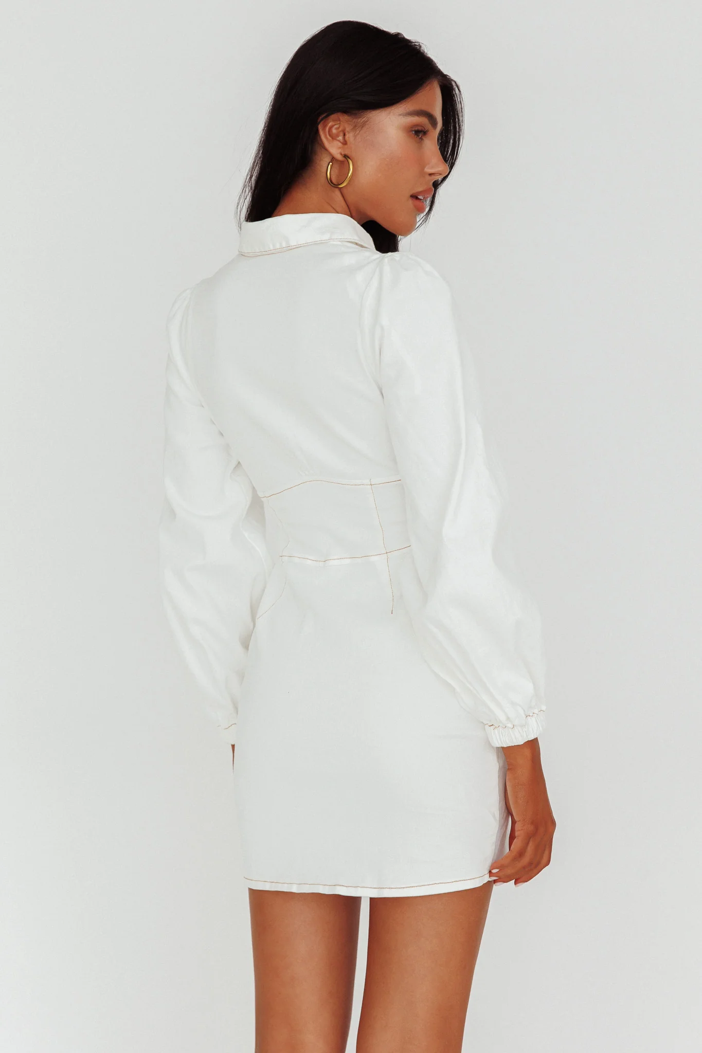 South Beach Long Sleeve Collared Mini Dress White - Seraphlike