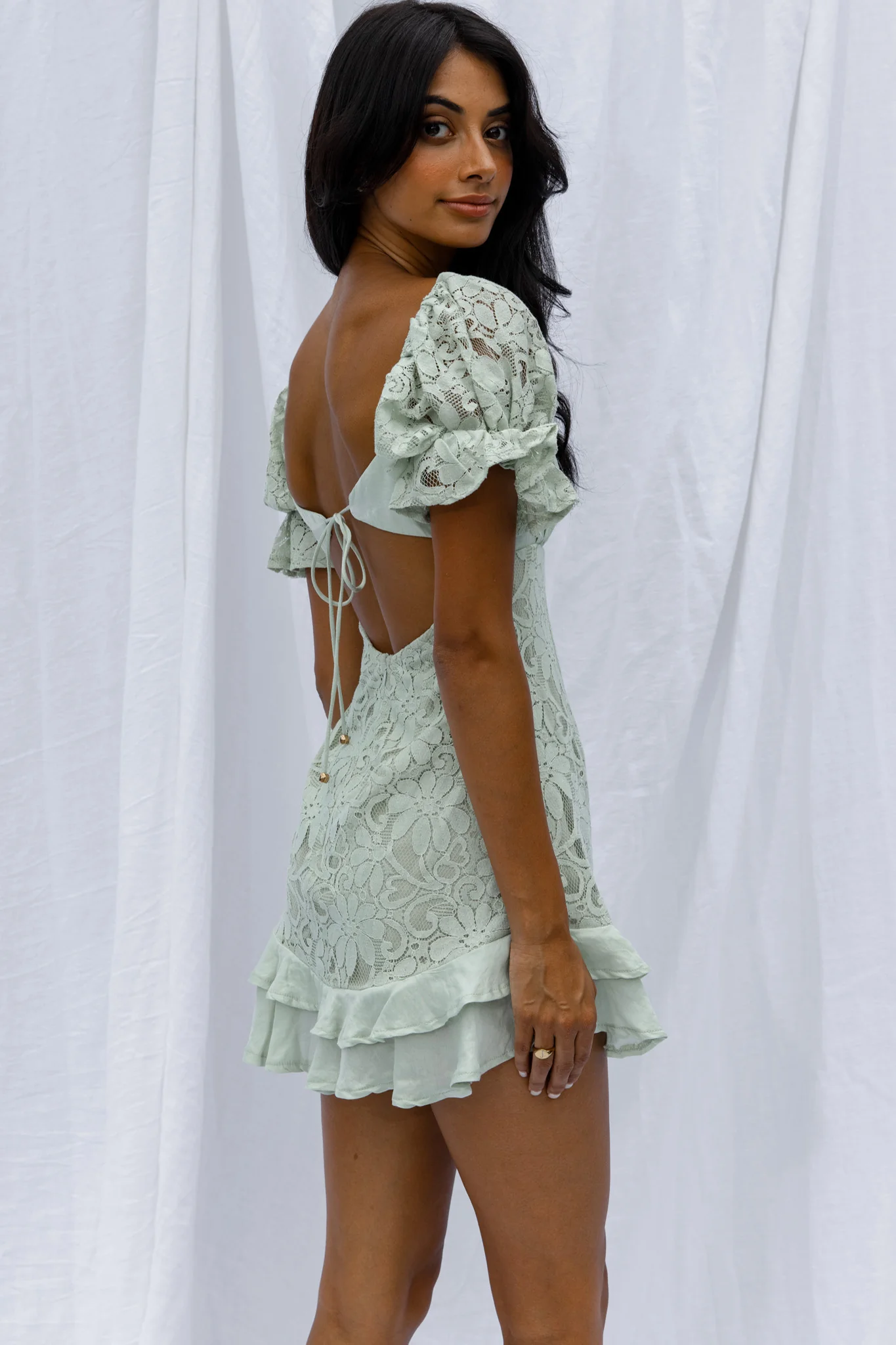 Georgia Peach Puff Sleeve Double Frill Hem Lace Dress Mint - Seraphlike