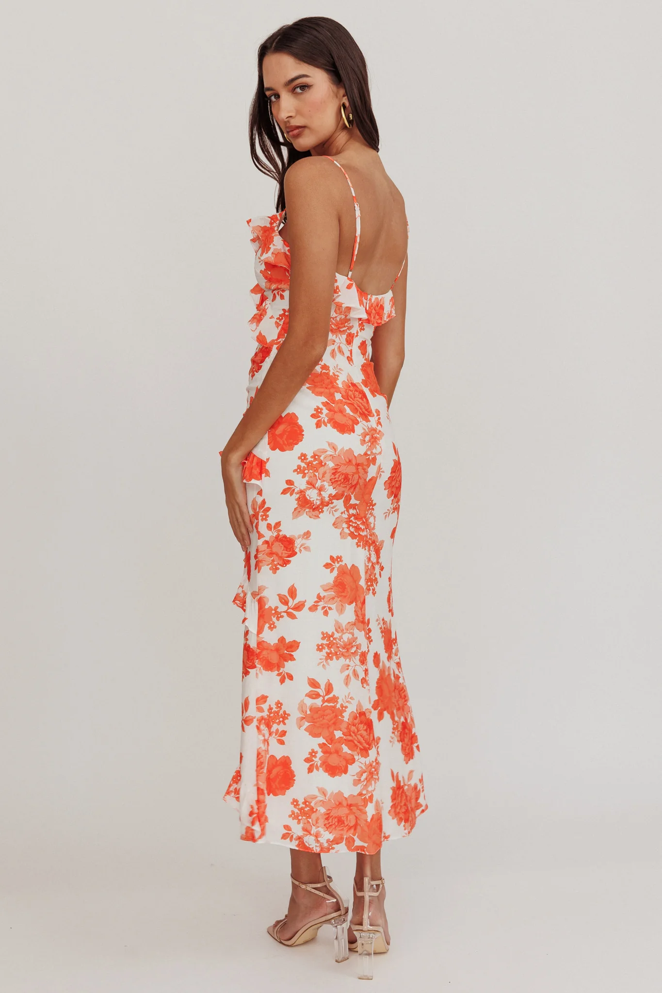 Silvana Frill Trim Maxi Dress Floral Orange - Seraphlike