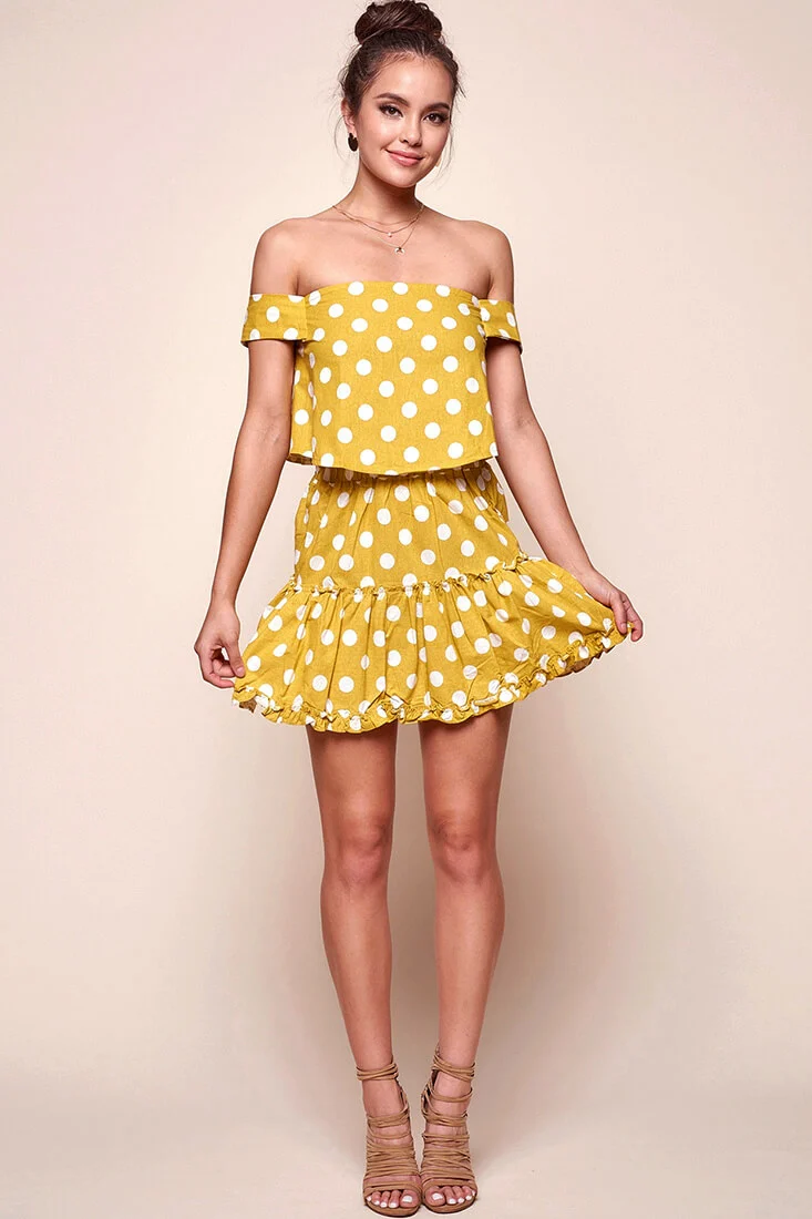 Alexi Polka Dot Off The Shoulder Top Yellow Mustard - Seraphlike