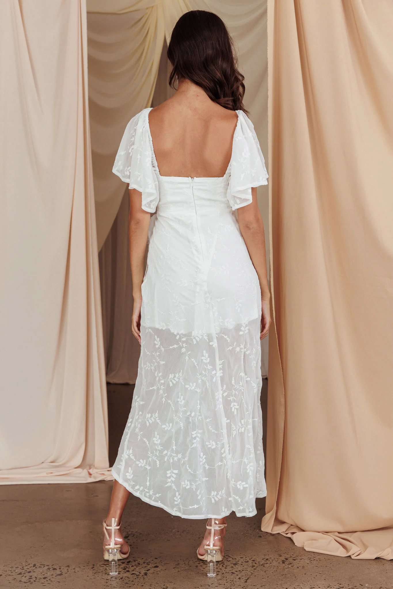 Aphrodite Molded Bust Angel Sleeve Midi Dress Floral White - Seraphlike