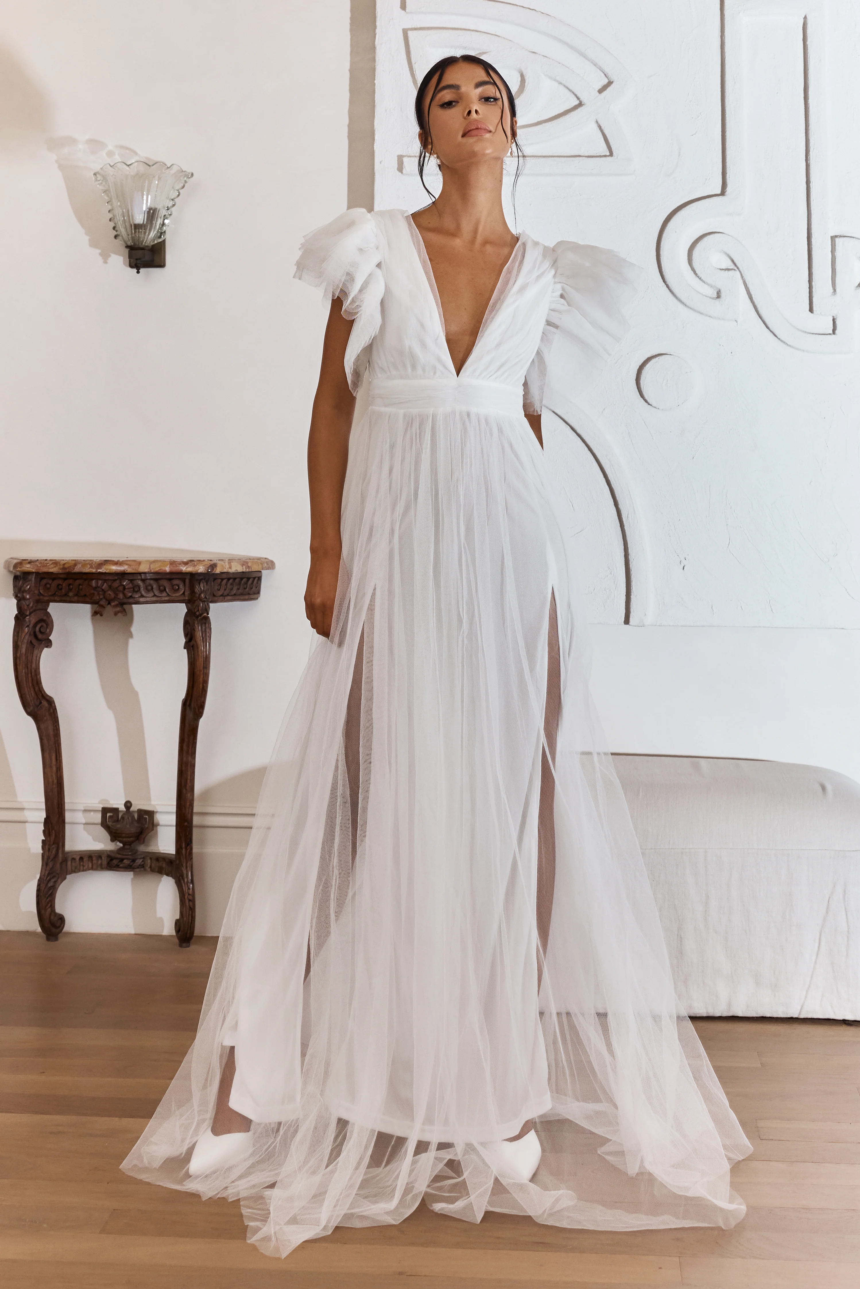 Heaven's Love Deep V-Neck Tulle Maxi Dress White - Seraphlike