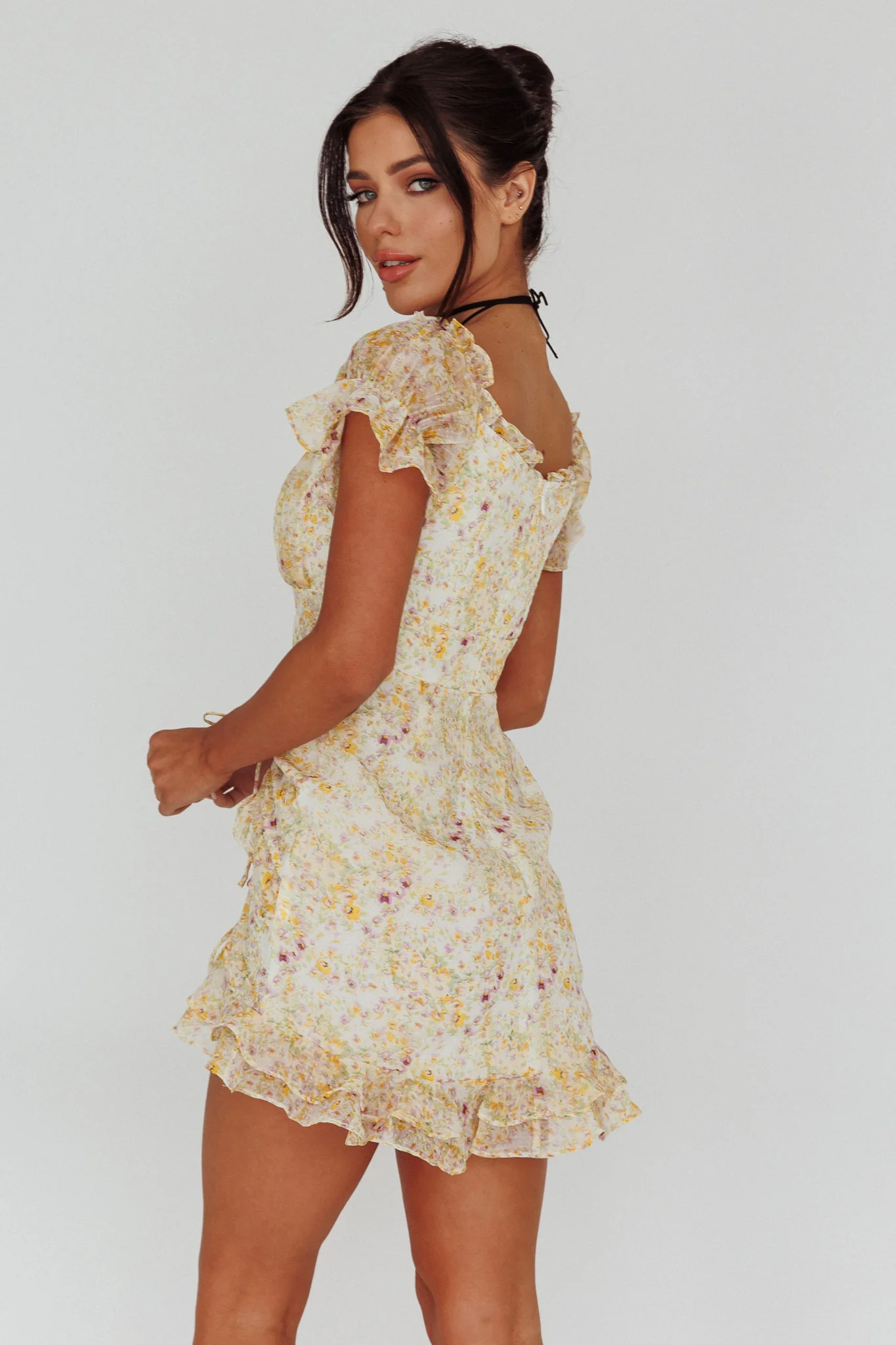 Linka Drawstring Detail Frill Dress Floral Beige - Seraphlike