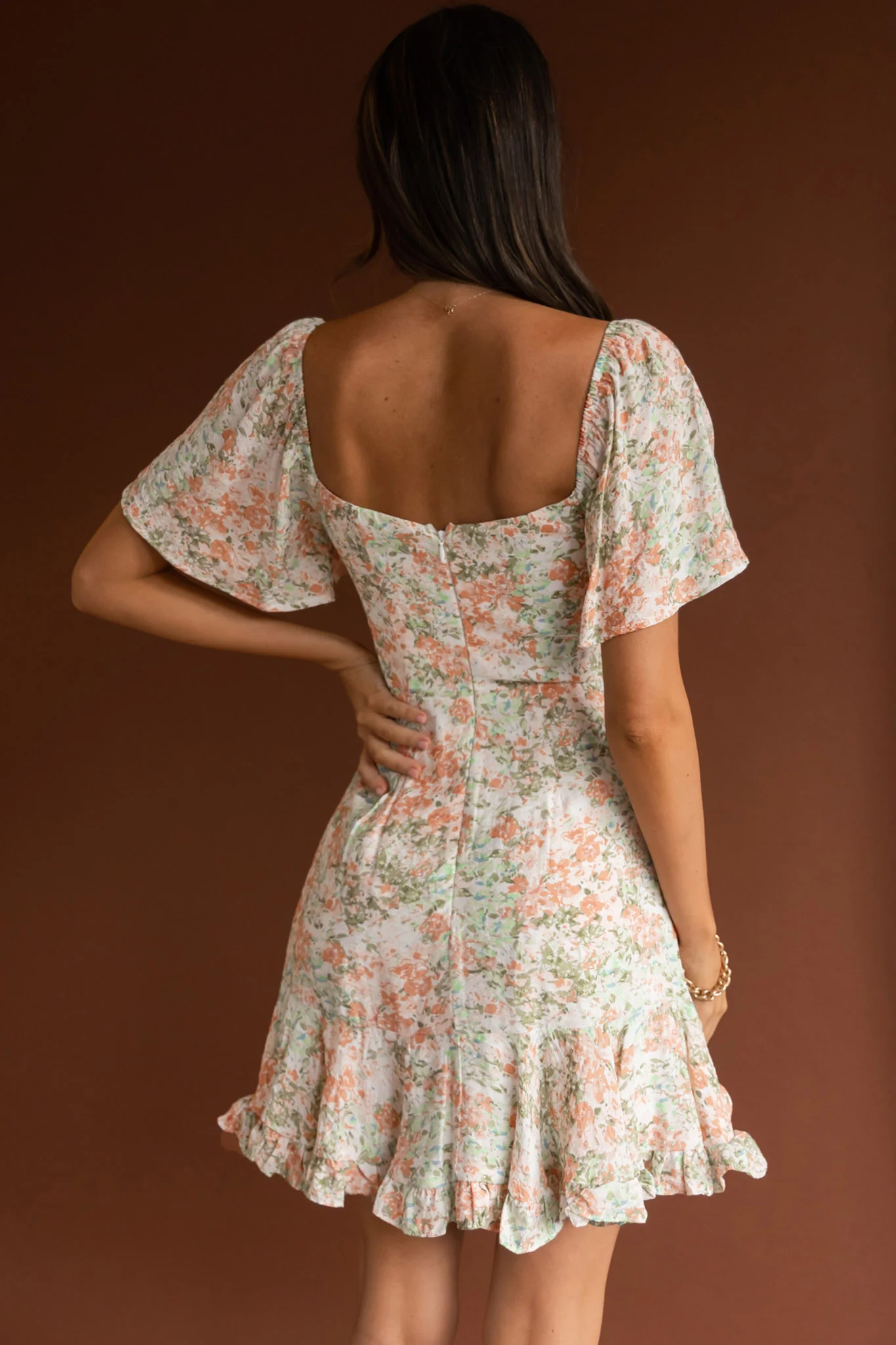 Leona V-Bust Frill Mini Dress Floral Peach - Seraphlike