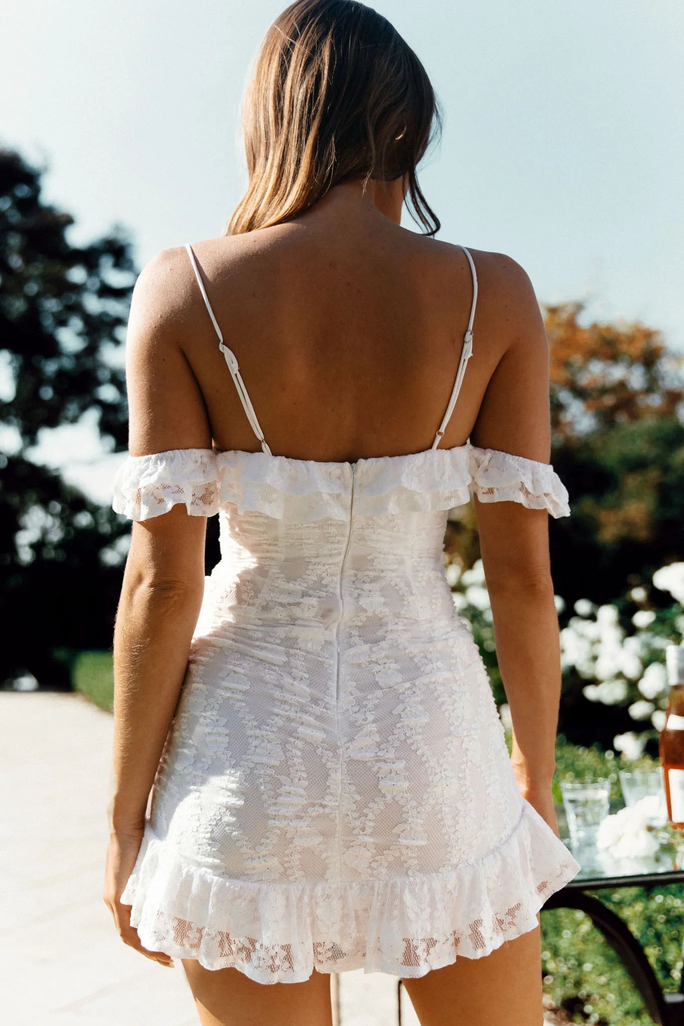 Matilda Frill Trim Lace Overlay Gold Bead Dress White - Seraphlike