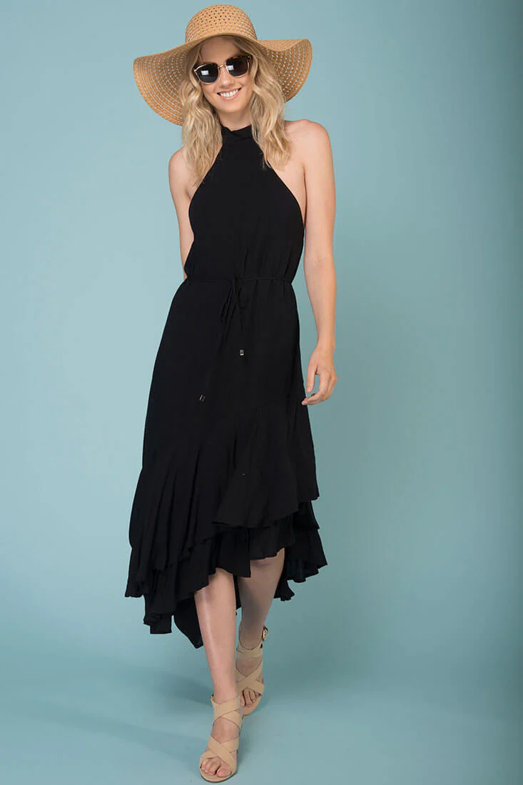 Myah Open Back Midi Dress Black - Seraphlike