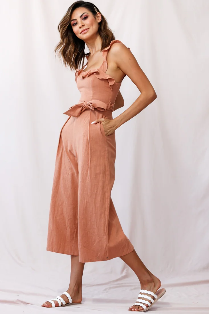 Kaia Ruffle Strap Wide-Leg Capri Jumpsuit Tan - Seraphlike