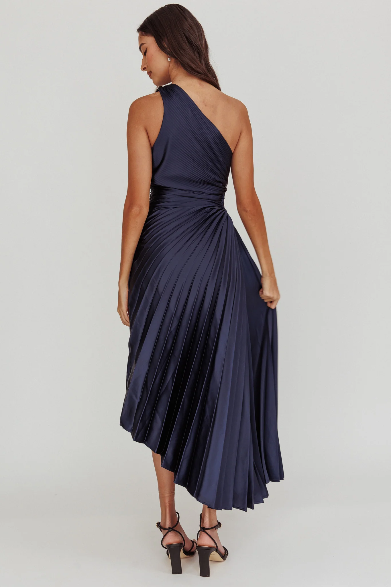 Brooklynn One-Shoulder Accordion Pleat Midi Dress Navy - Seraphlike