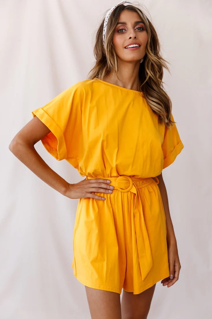 Chelsea Belted T-Shirt Romper Mustard - Seraphlike