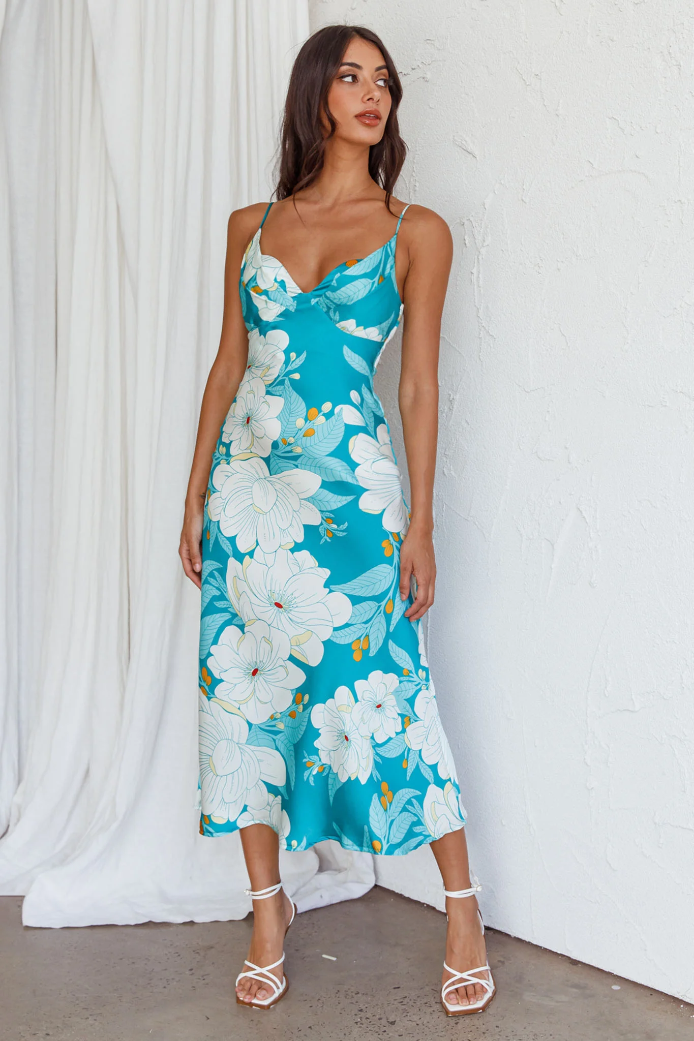 Infinity Pintuck Bust Midi Dress Flower Teal - Seraphlike