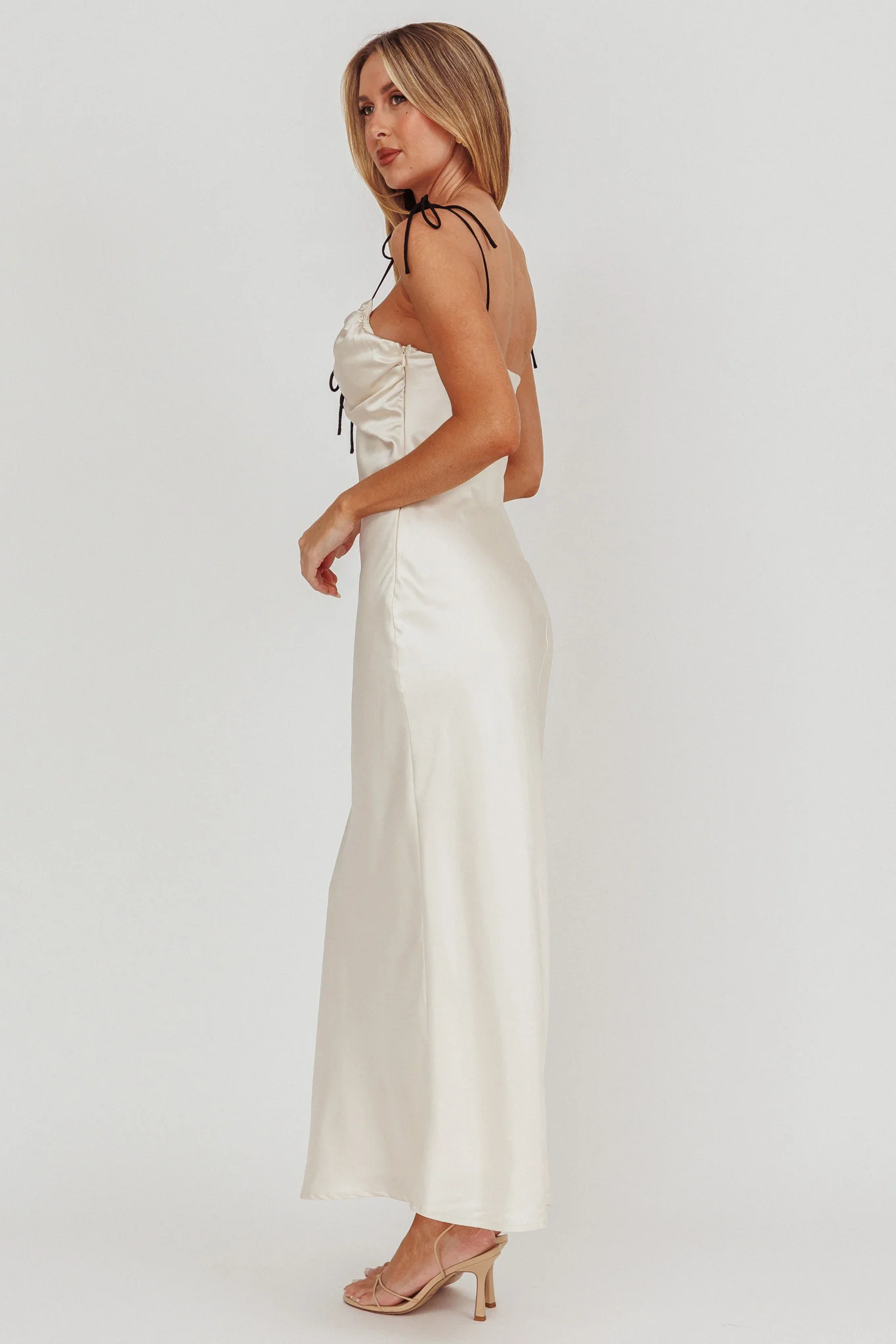 Slow Burn Tied Shoulders Satin Maxi Dress Oyster - Seraphlike