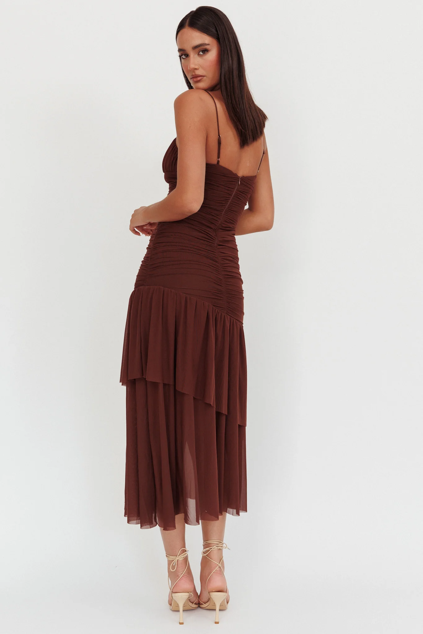 Kailua Ruched Tiered Hem Maxi Dress Chocolate - Seraphlike