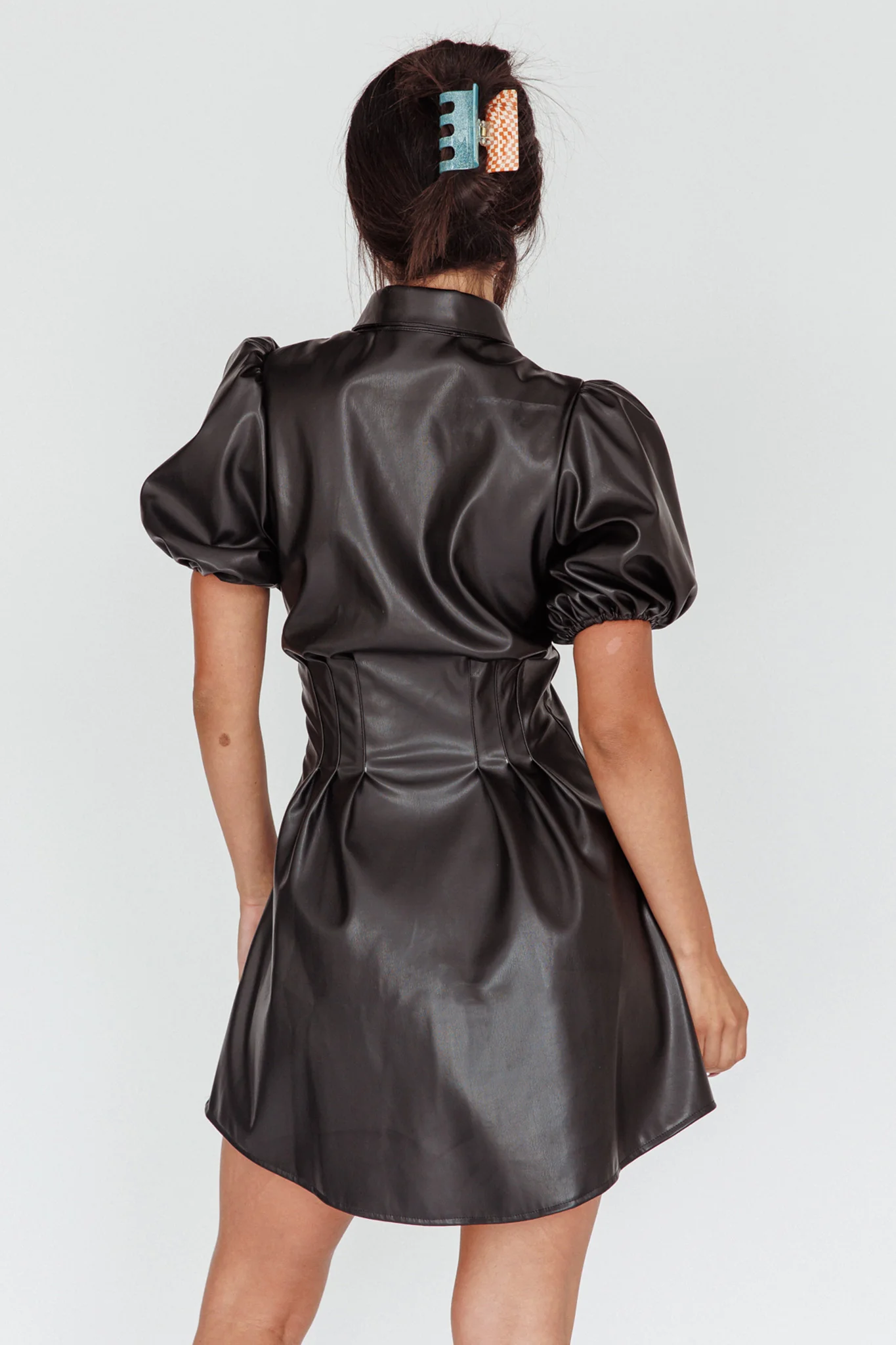 Zurich Pleated Waist Shirt Dress Faux Leather Black - Seraphlike