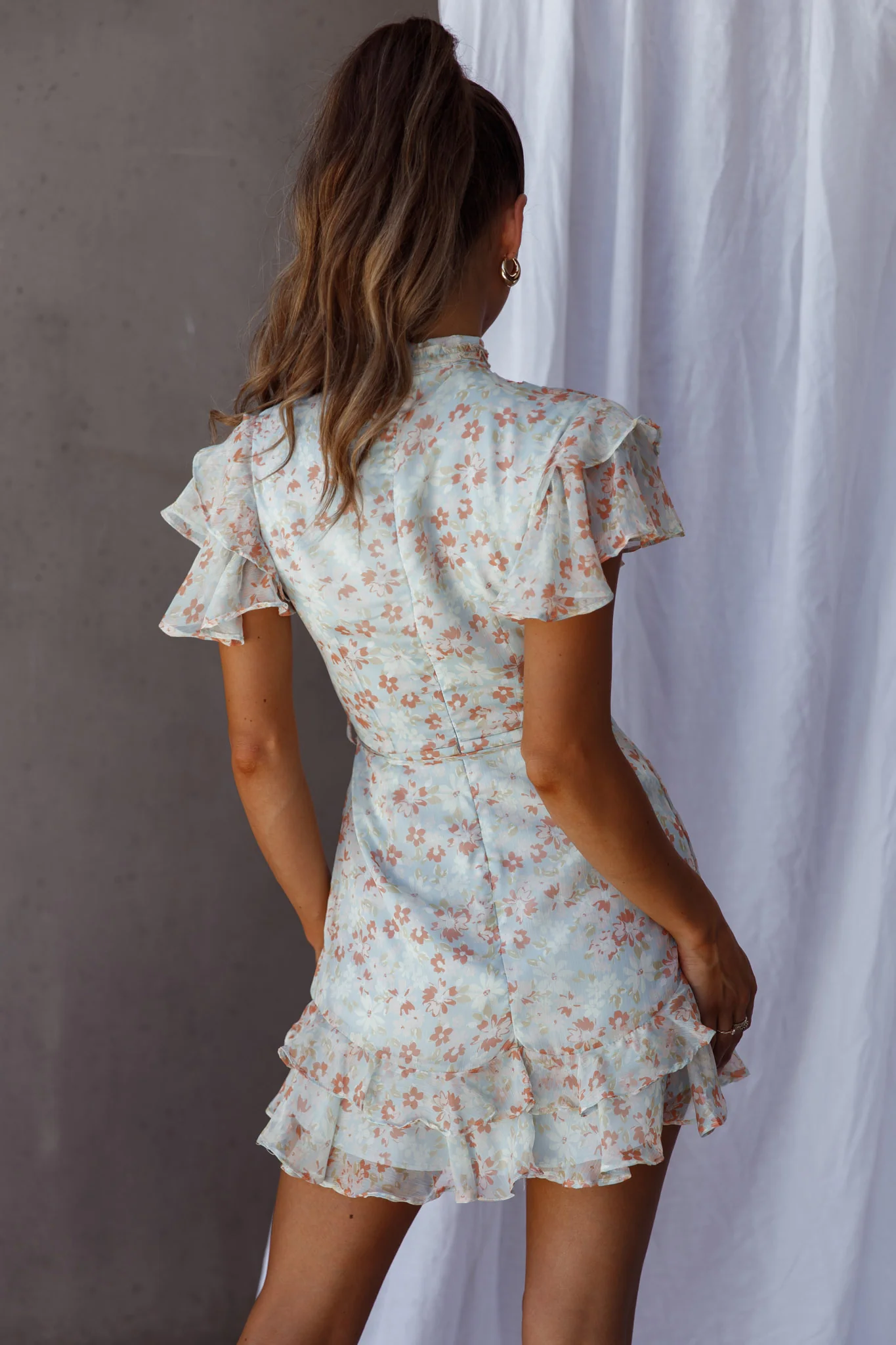 Lark High Neck Ruffle Sleeve Dress Flower Print Aqua - Seraphlike