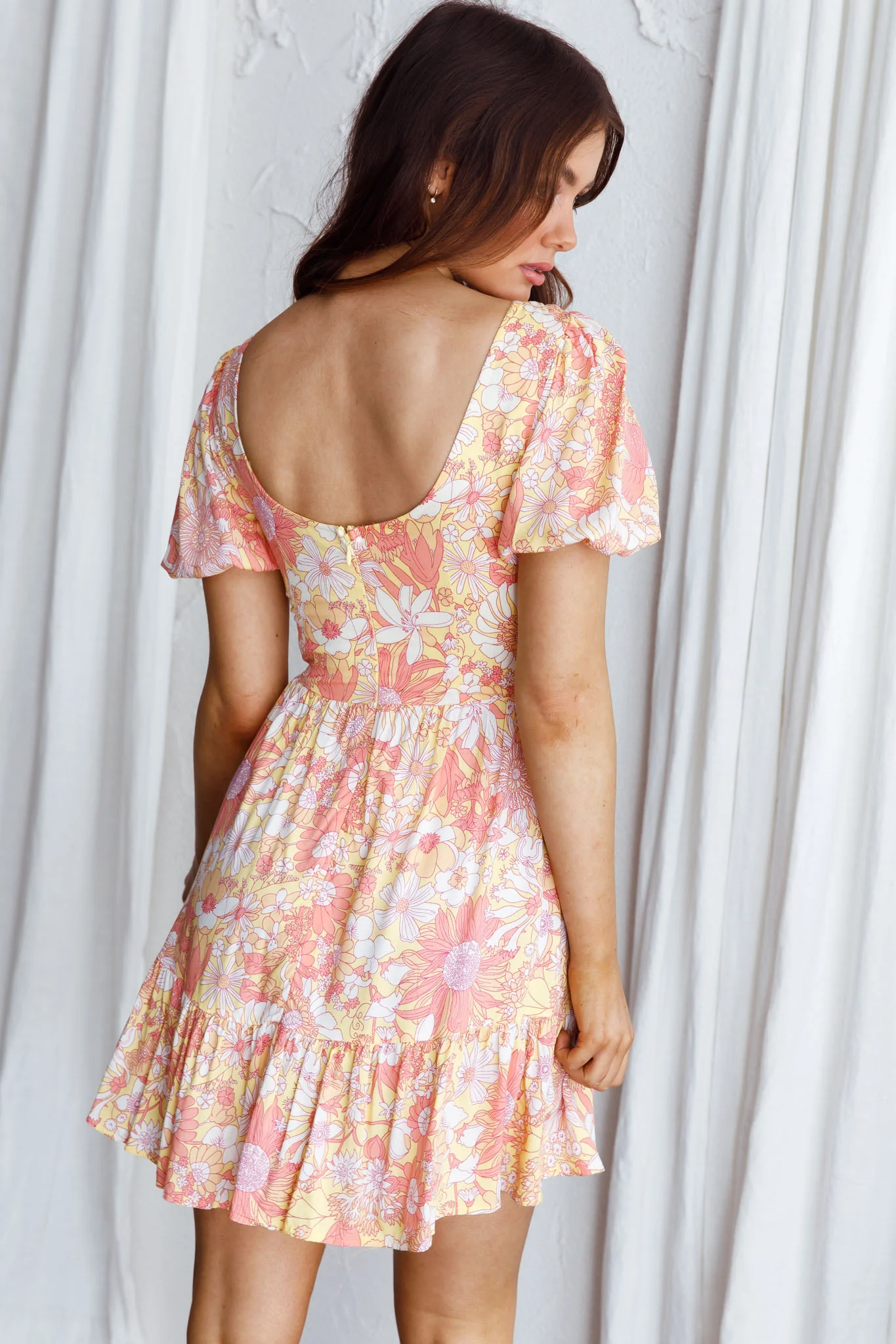 Crystal Shores Shirred Bust Mini Dress Floral Yellow - Seraphlike