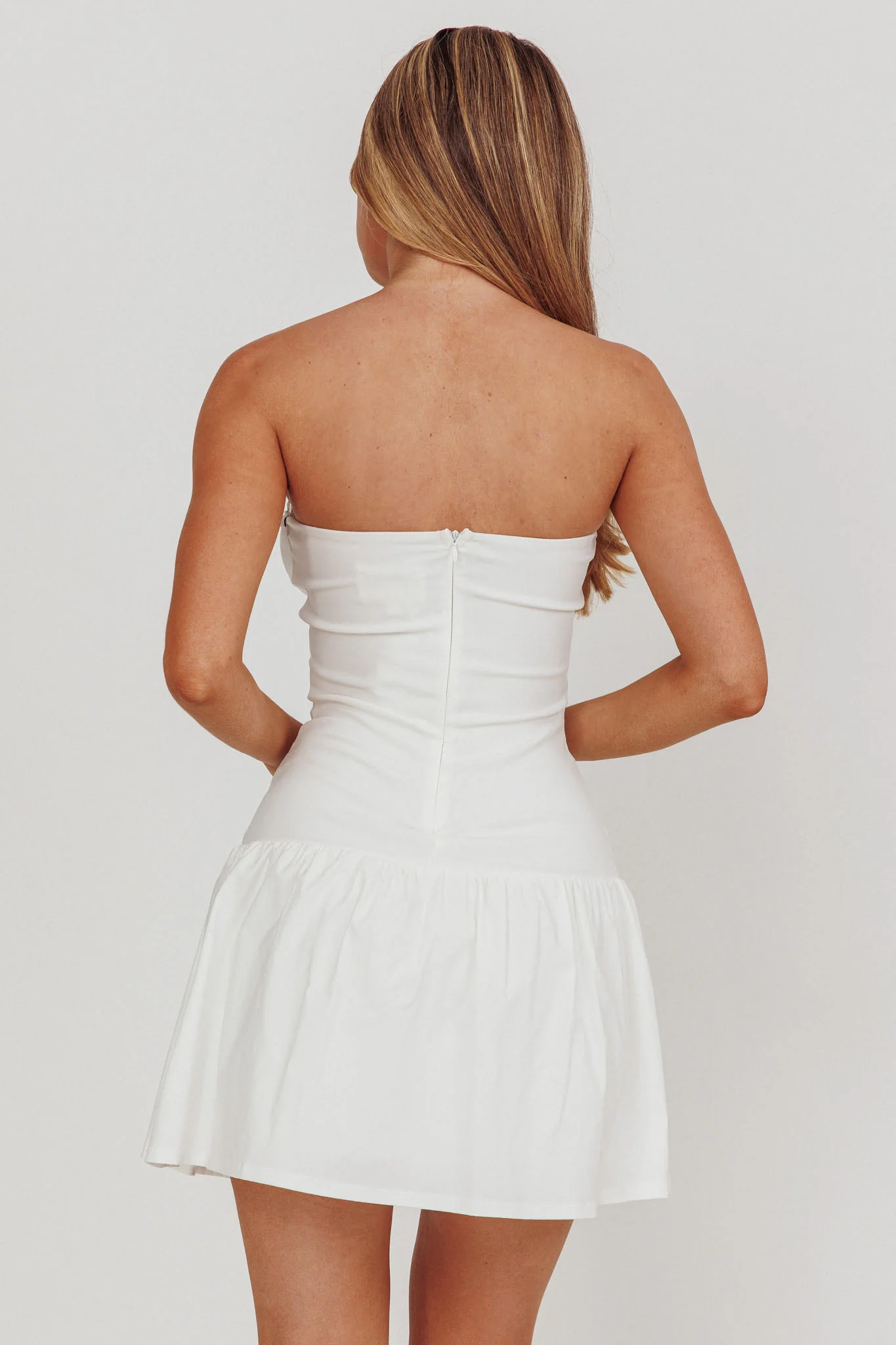 Cosmic Eyes Bow Strapless Mini Dress Off White - Seraphlike