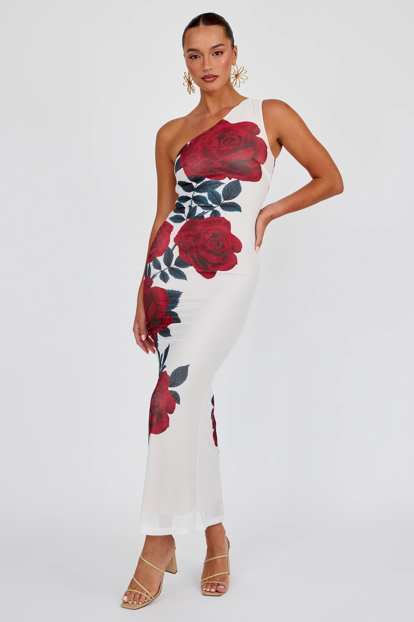 Desiree One Shoulder Mesh Maxi Dres Rose - Seraphlike