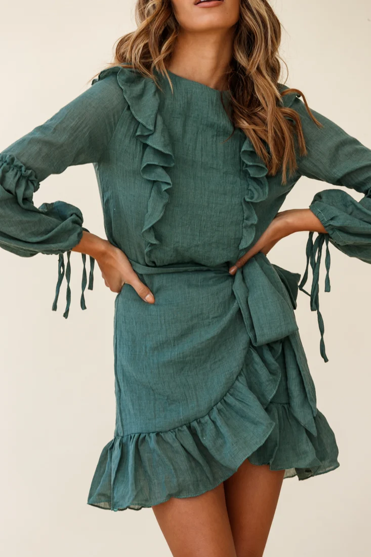 Tila Long Balloon Sleeve Wrap Front Dress Khaki - Seraphlike