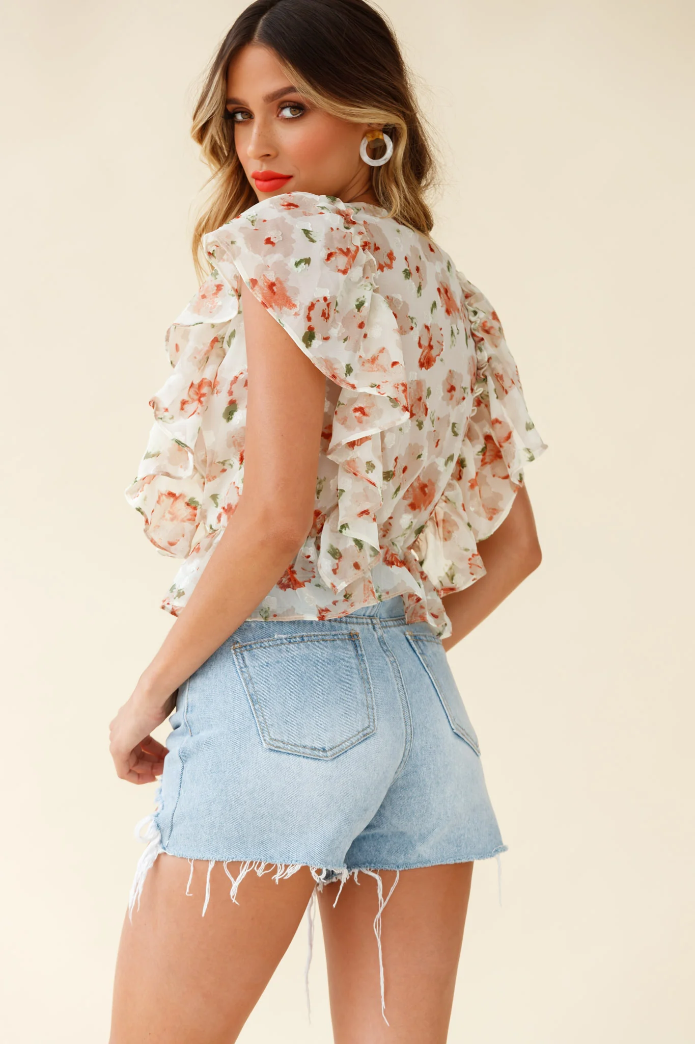 Lucia Surplice Neckline Ruffle Detail Top Floral Print Beige - Seraphlike