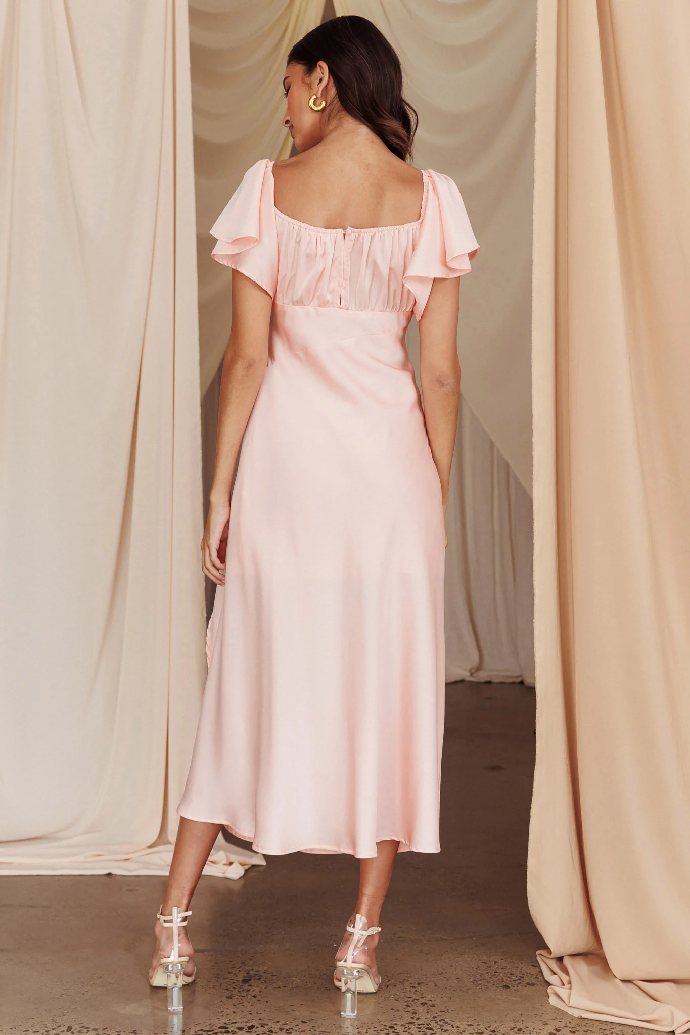 Park Avenue Flutter Sleeve Side Split Midi Dress Blush - Seraphlike