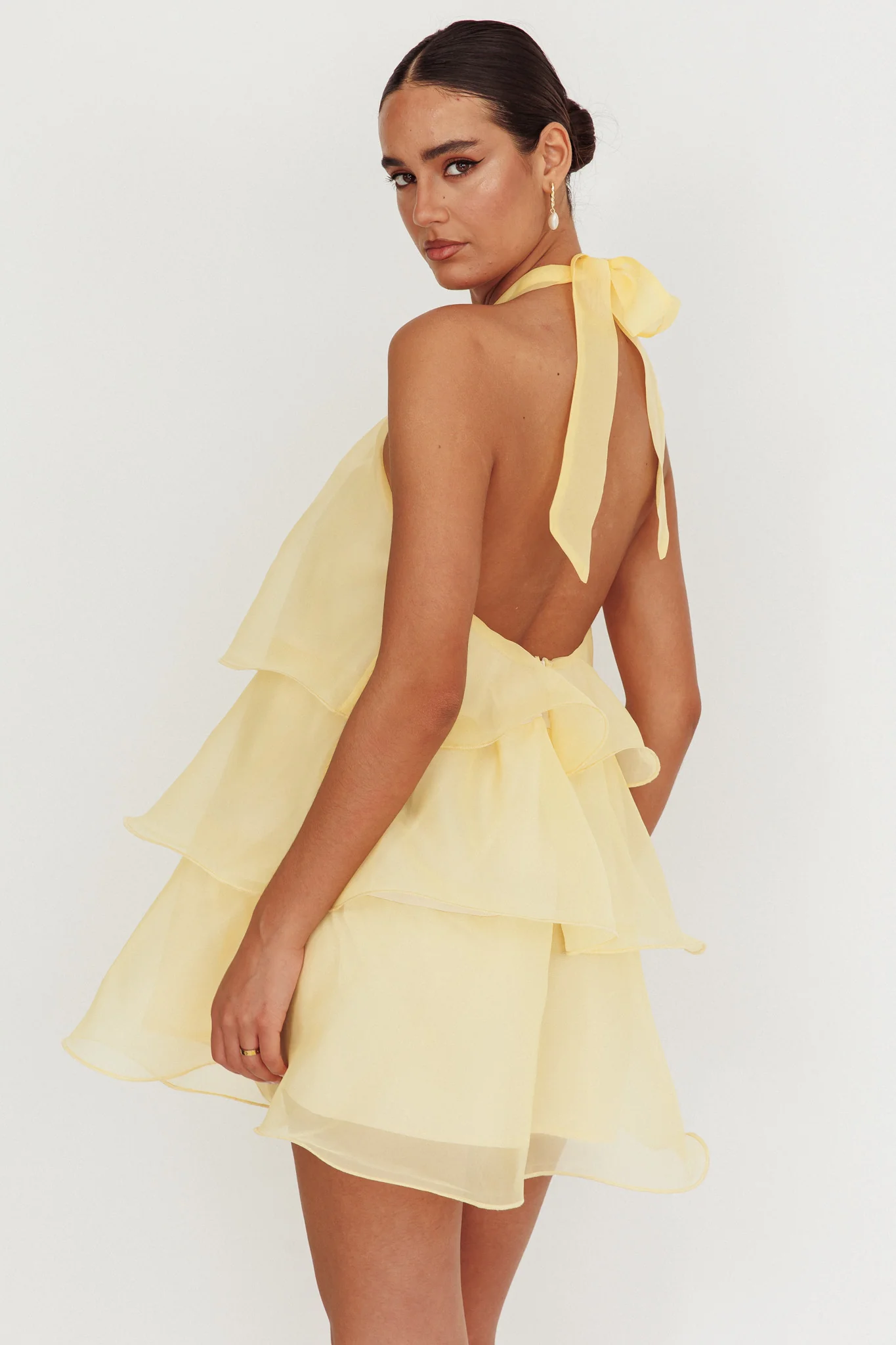Tulips Tiered Halterneck Mini Dress Lemon - Seraphlike