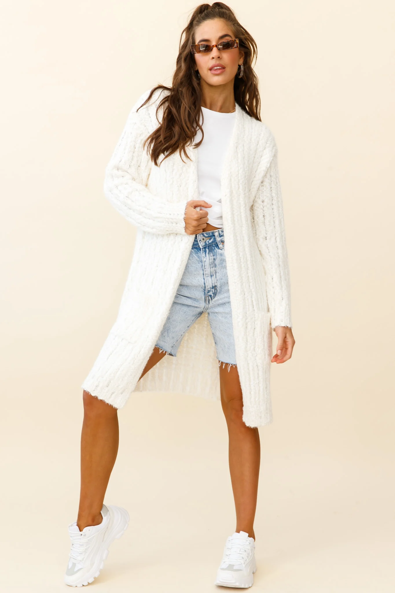 Fredricka Long-Line Knit Cardigan White - Seraphlike