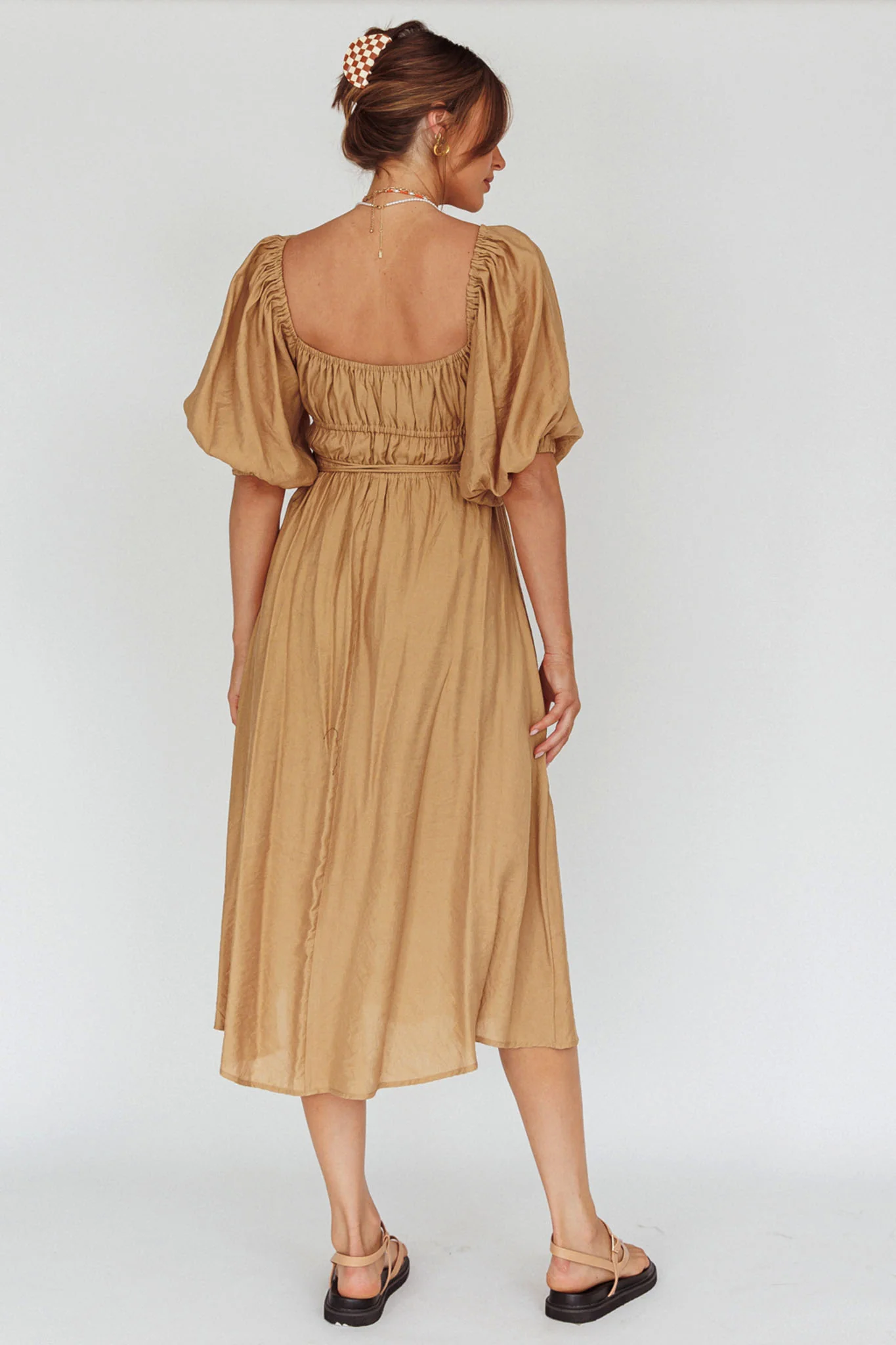 Lille Puff Sleeve Midi Dress Latte - Seraphlike
