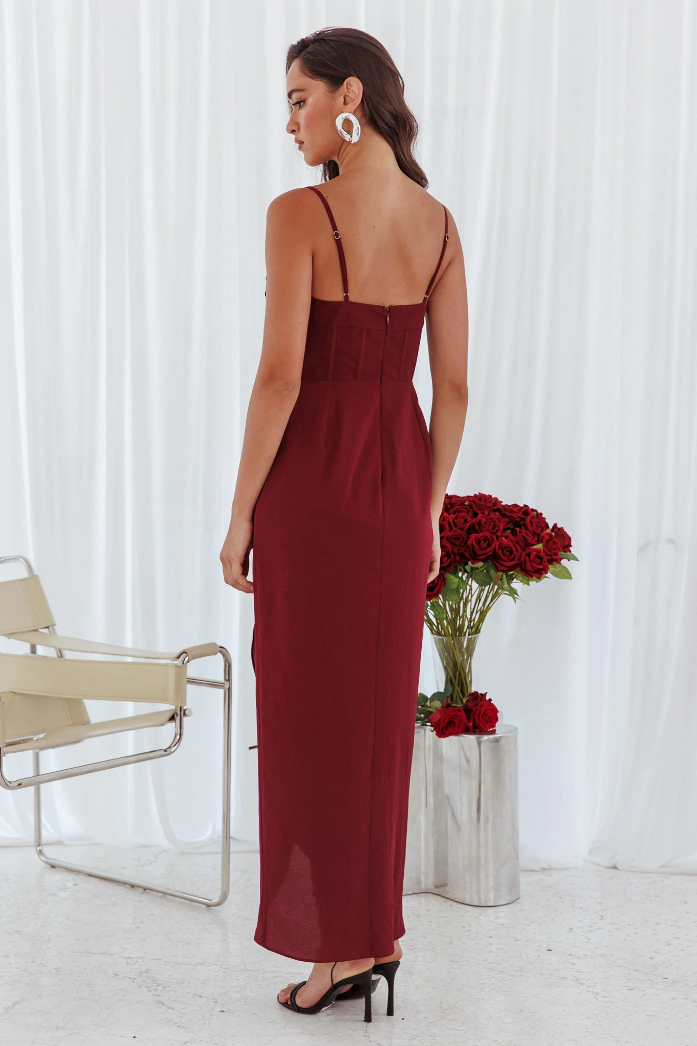 Patrice Draped Neck Split Midi Dress Wine - Seraphlike