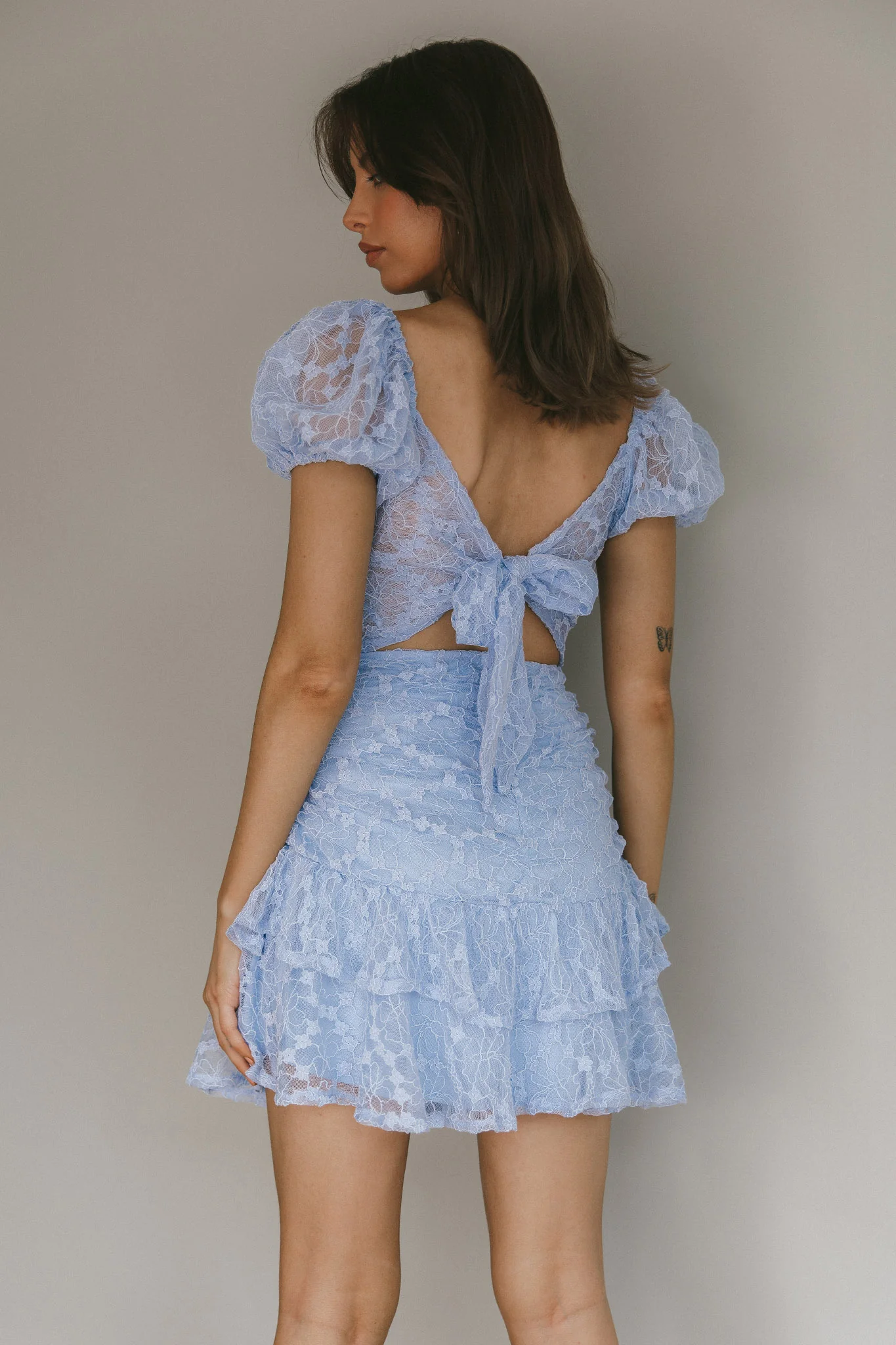 Annabella Puff Sleeve Tied Back Lace Dress Blue - Seraphlike