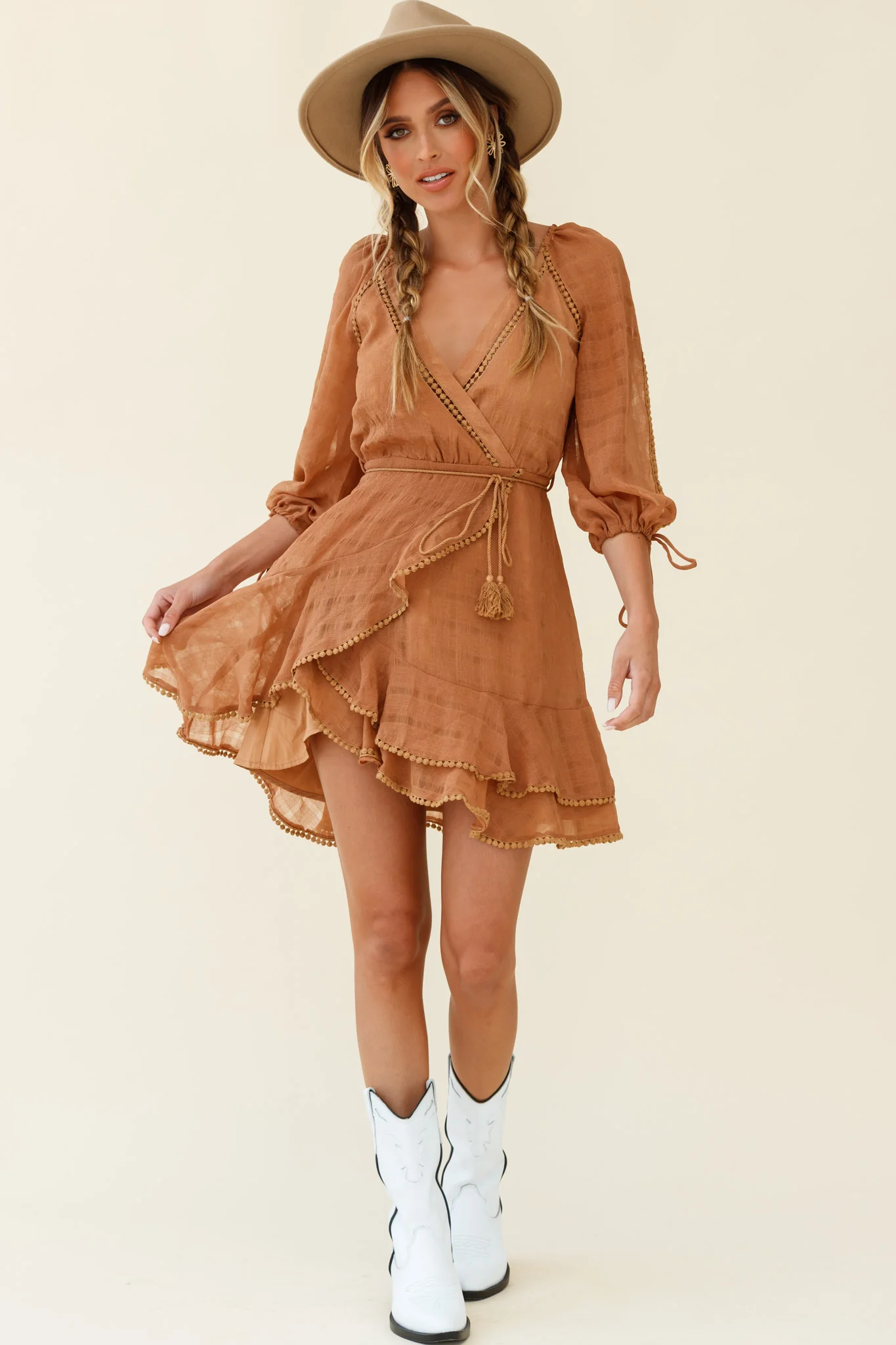 Wilde Balloon Sleeve Crochet Trim Dress Tan - Seraphlike