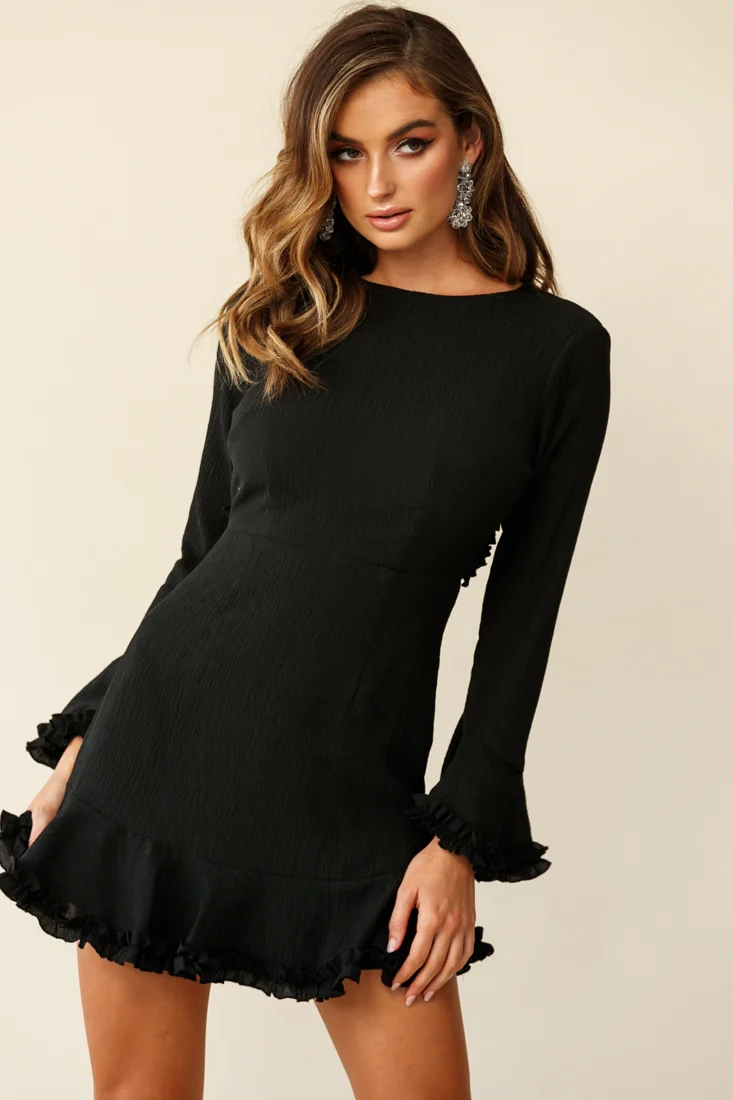 Marta Flared Cuff Cut-Out Back Dress Black - Seraphlike