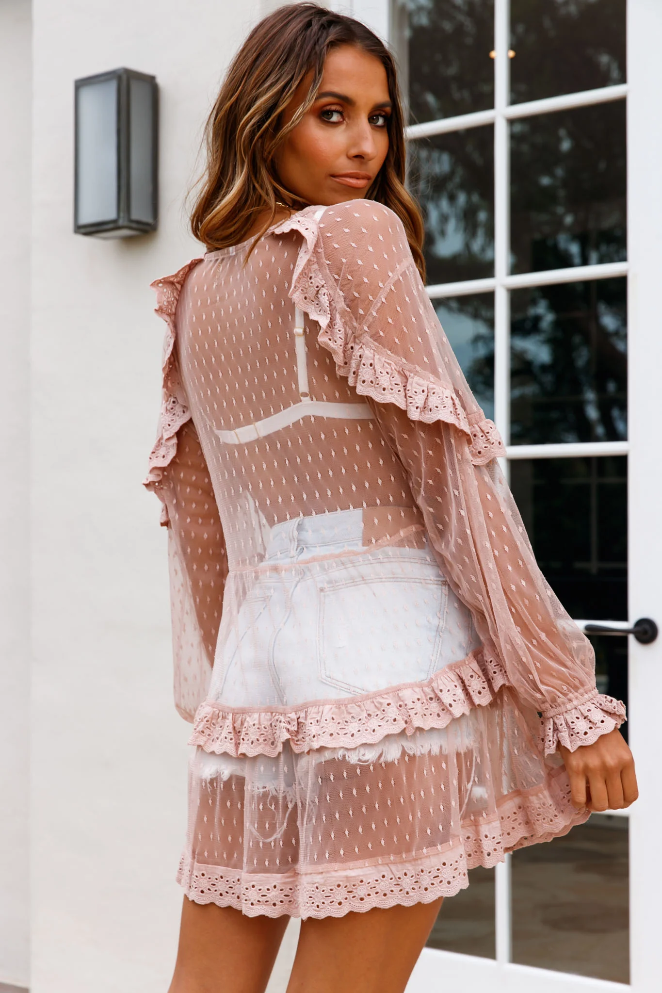 Double Dare Sheer Lace Trim Shift Top Mocha - Seraphlike