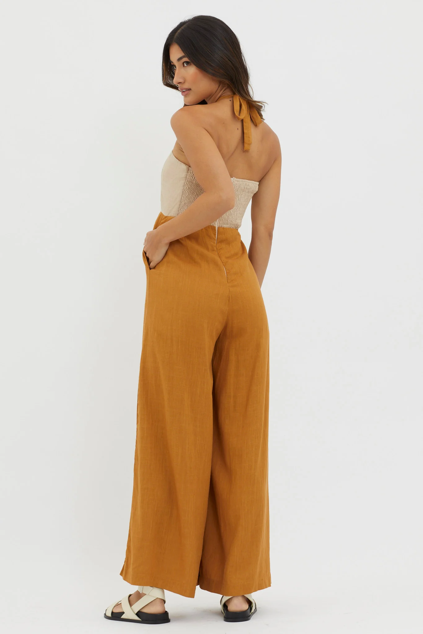 Maryn Wide Leg Halterneck Jumpsuit Mocha - Seraphlike
