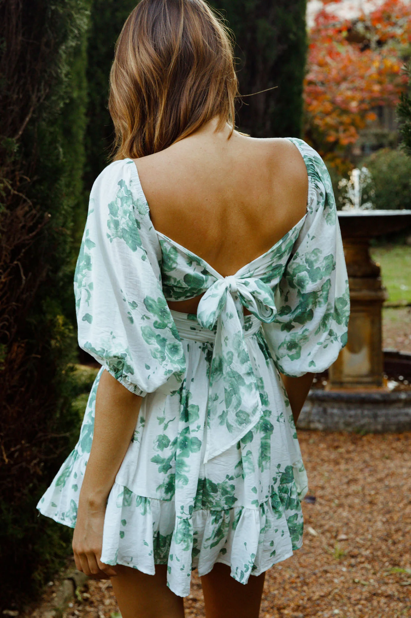 Abby Off-Shoulder Tie-Up Back Dress Watercolor Floral Print White/Olive - Seraphlike