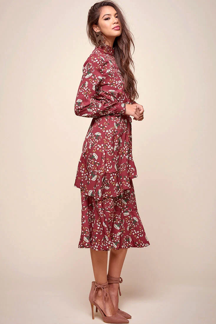 Jackson Waist Tie Bell Sleeve Dress Red Wine - Seraphlike