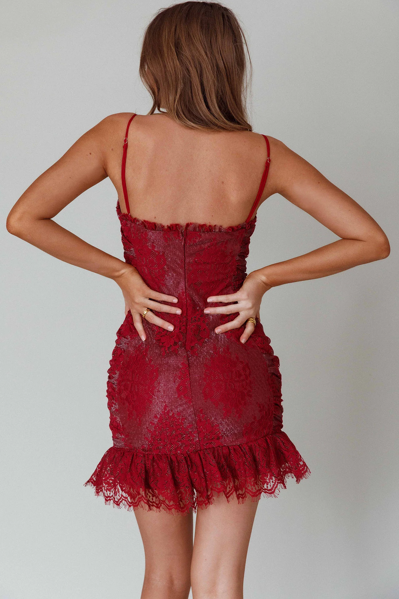 St Tropez Cami Strap Frill Hem Lace Mini Dress Wine - Seraphlike