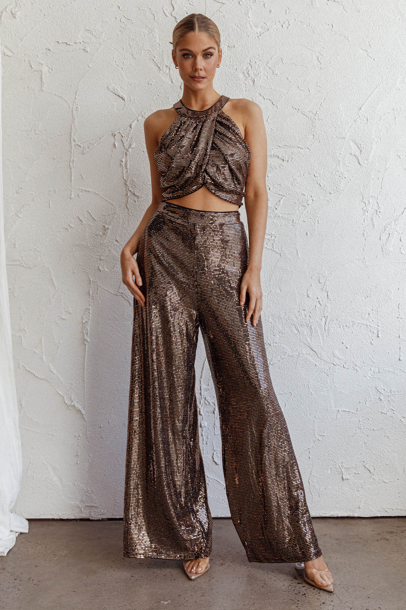 Anything Goes Draped Sequin Crop Top Gold - Seraphlike