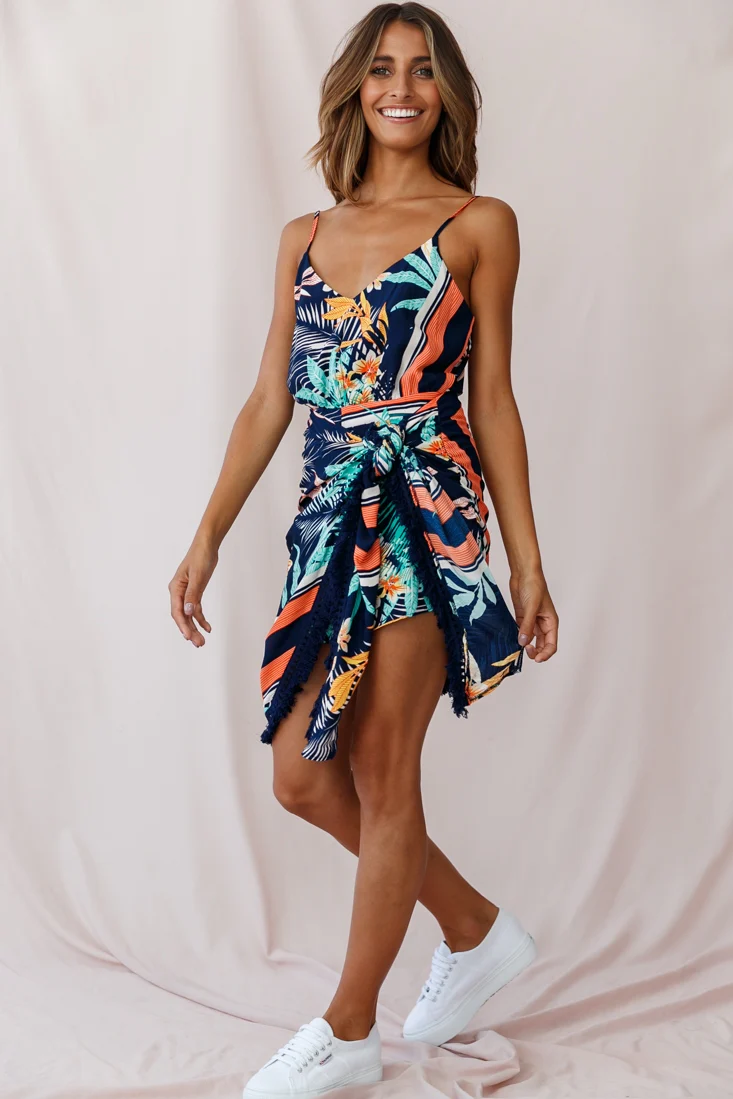 Mahalo Tassel Detail Tropical Romper Navy - Seraphlike