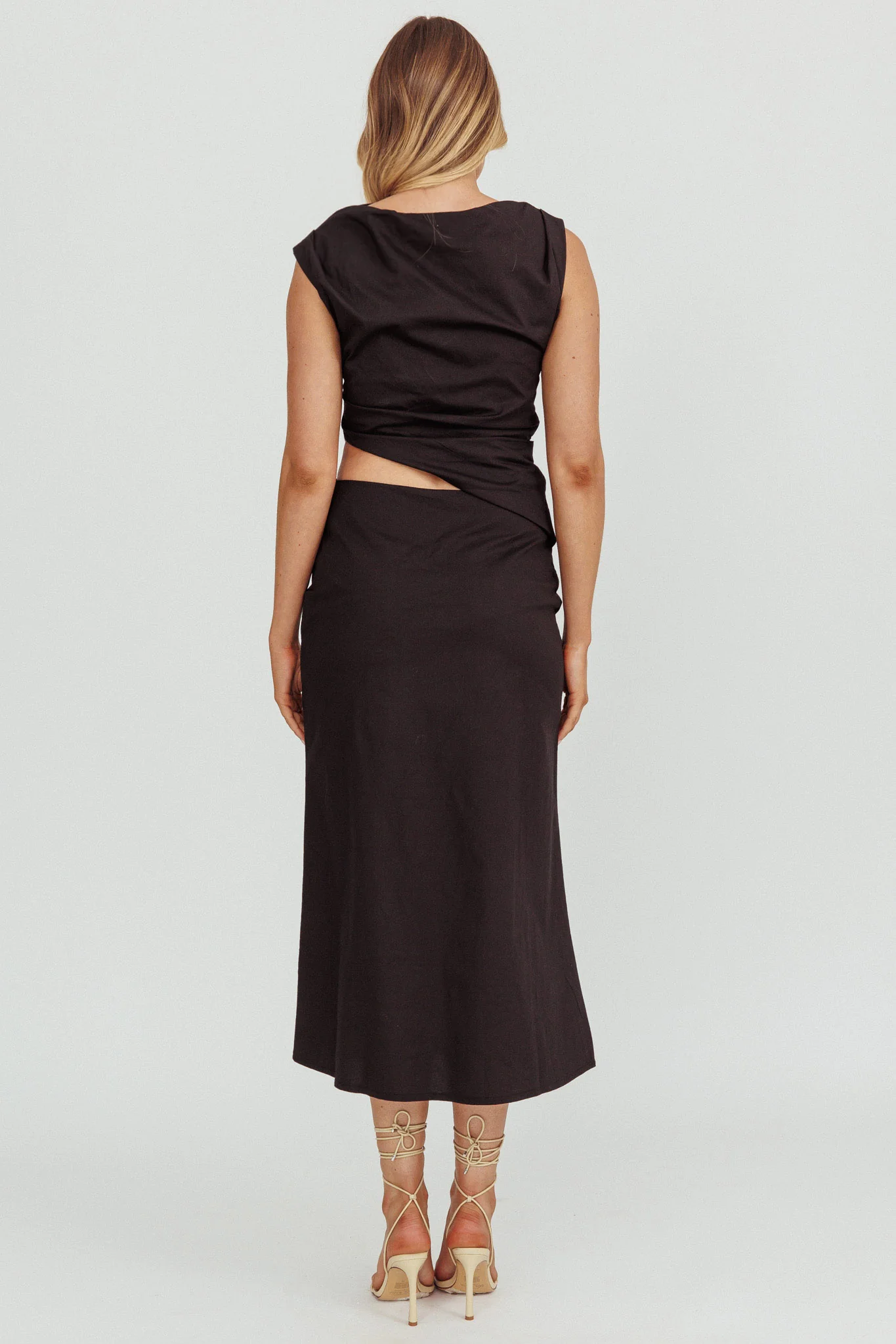 Lorely Boat Neck Cut Out Midi Dress Black - Seraphlike