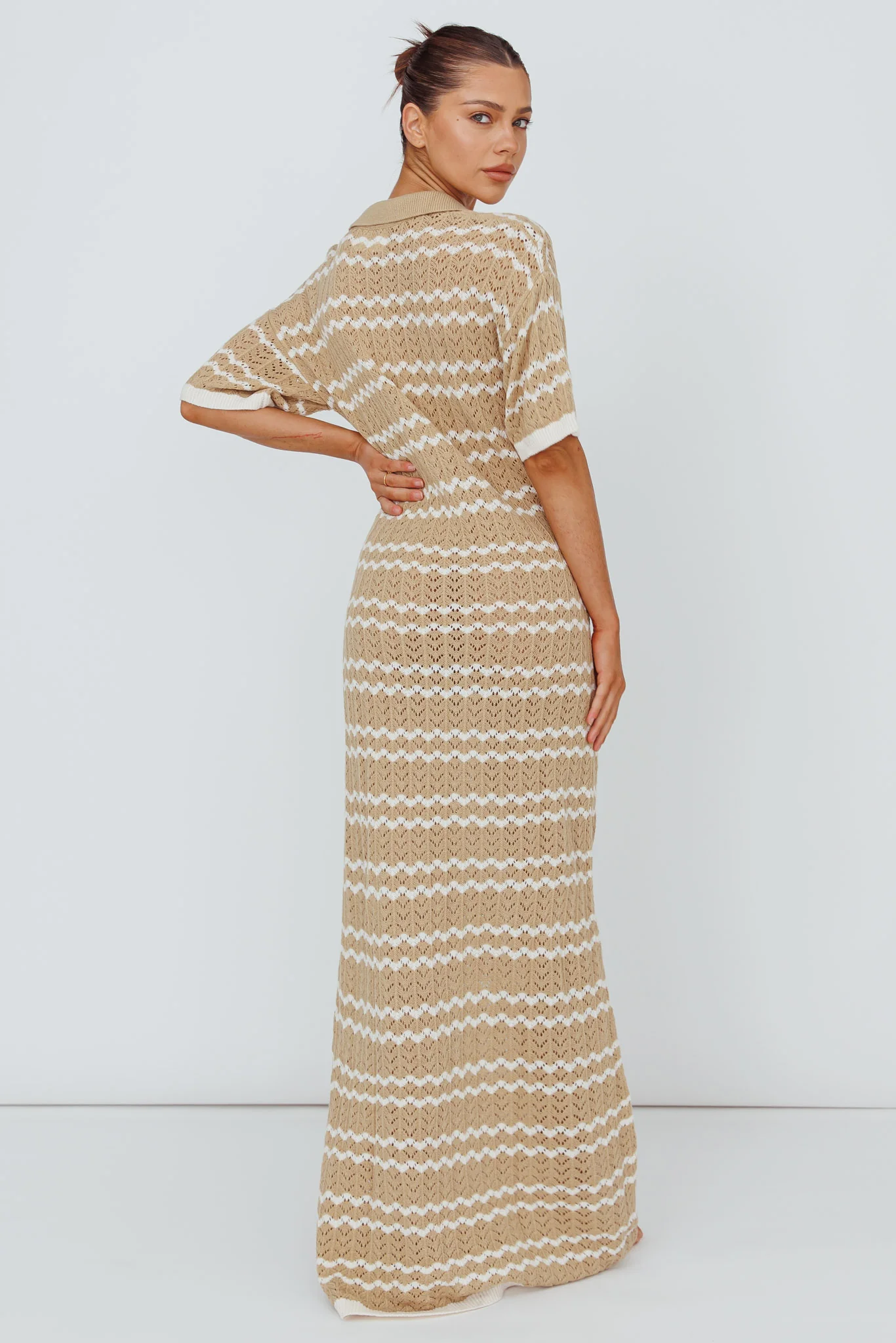 Clearwater Crochet Short Sleeve Maxi Dress Beige/White - Seraphlike