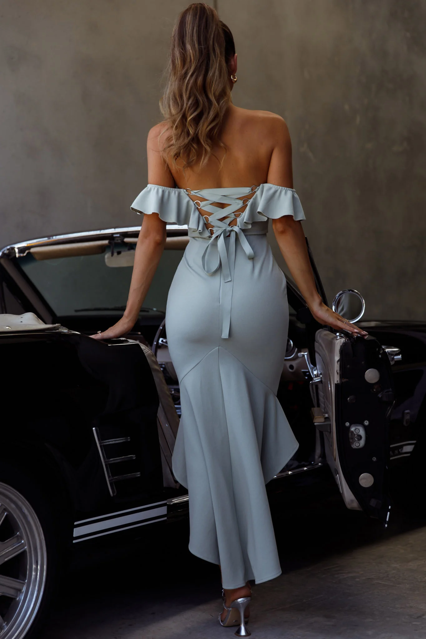 Cloud 9 Bardot Neckline Corset Back Dress Sage - Seraphlike